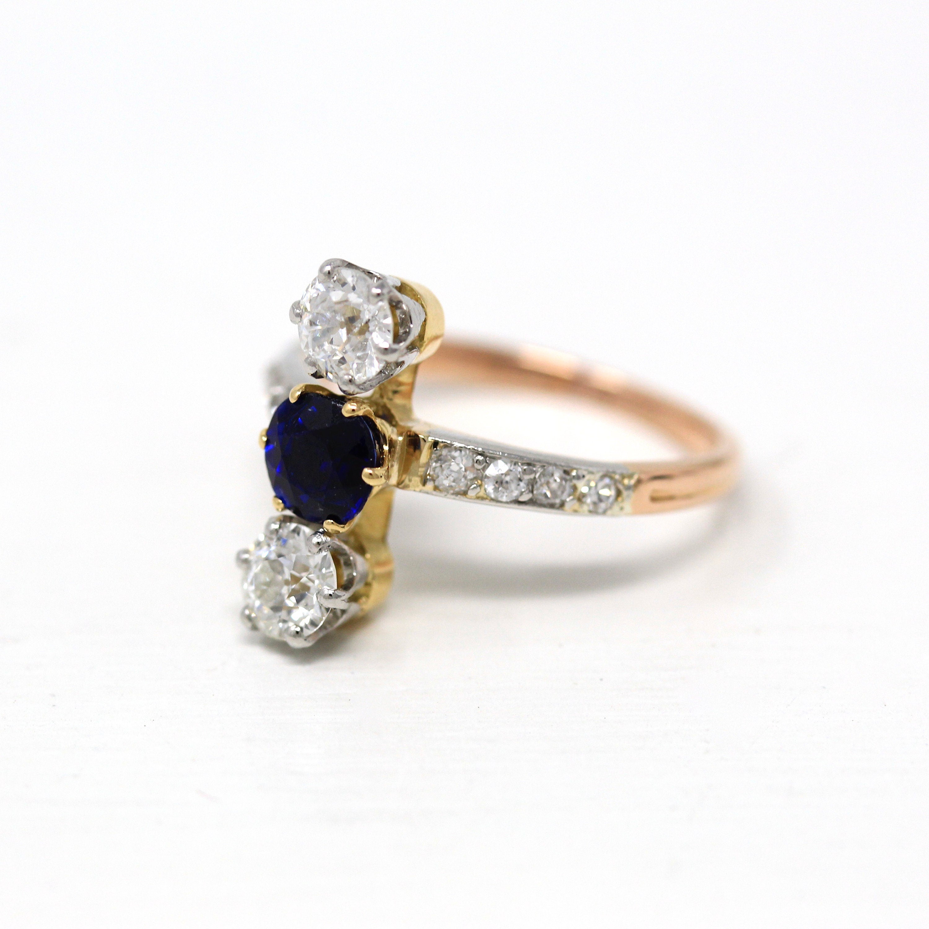 Antique Edwardian Ring - Vintage 18k Gold & Platinum Old European Cut Diamonds Genuine Blue Sapphire - 1910s Size 7.5 Fine Jewelry Report