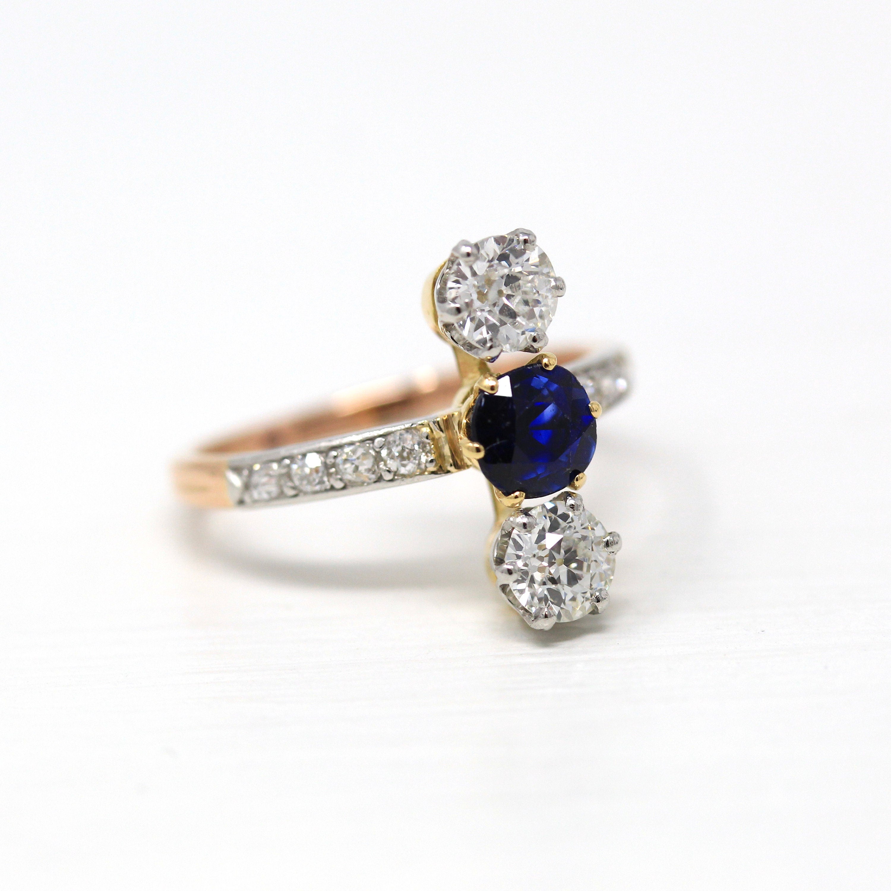 Antique Edwardian Ring - Vintage 18k Gold & Platinum Old European Cut Diamonds Genuine Blue Sapphire - 1910s Size 7.5 Fine Jewelry Report