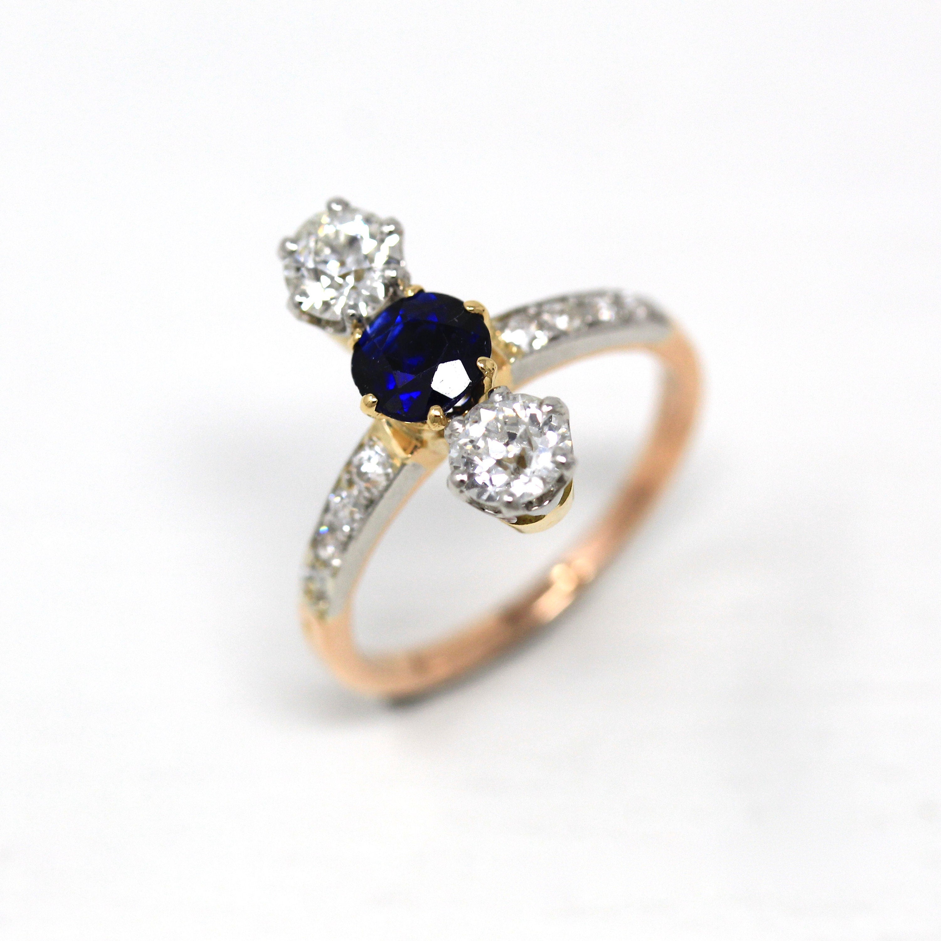 Antique Edwardian Ring - Vintage 18k Gold & Platinum Old European Cut Diamonds Genuine Blue Sapphire - 1910s Size 7.5 Fine Jewelry Report