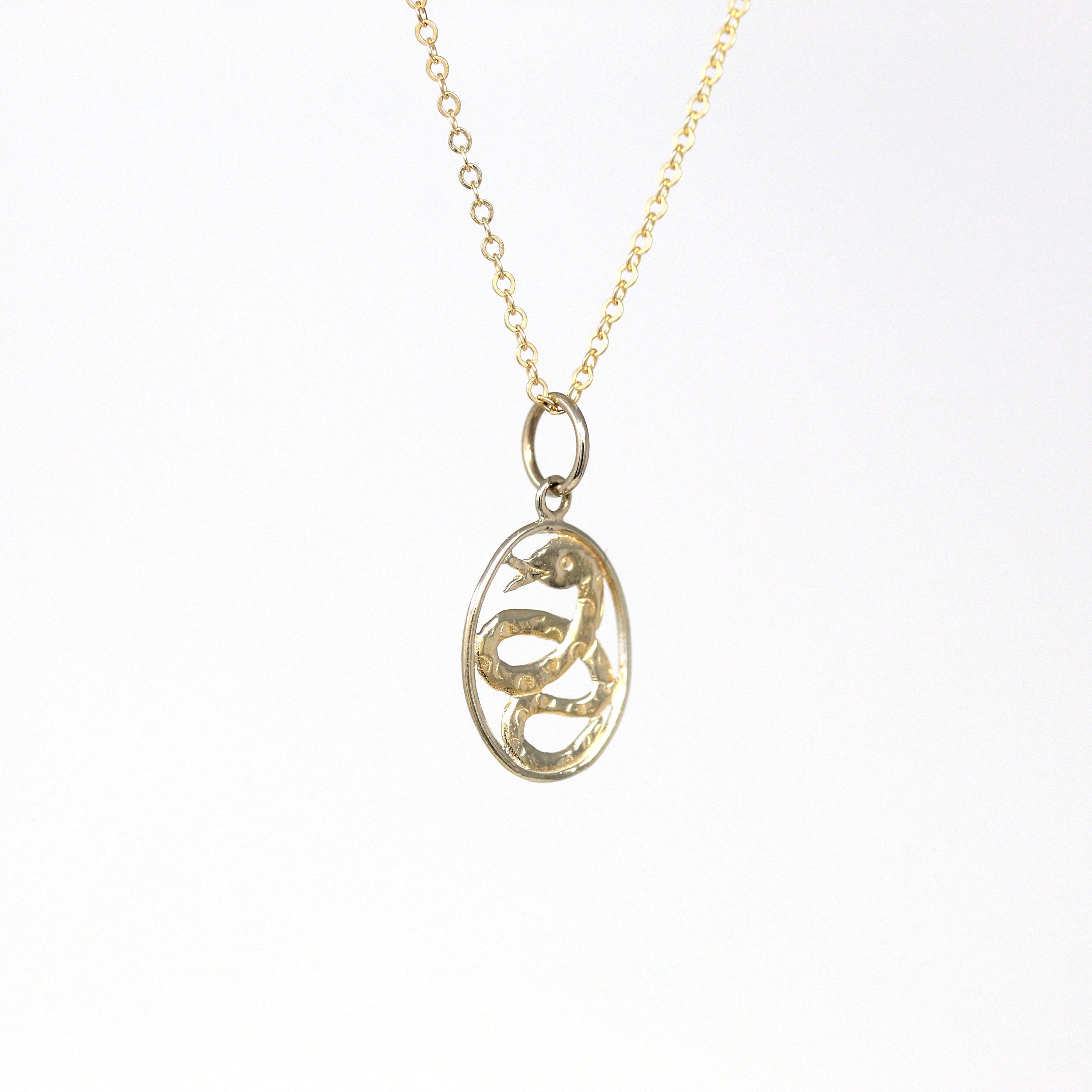 Modern Snake Charm - Estate 18k 750 Yellow Gold Figural Coiled Serpent Necklace Pendant - Circa 2000's Era Dainty Oval Fine Animal Jewelry