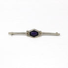 Art Deco Brooch - Vintage 10k White Gold Indigo Glass Simulated Sapphire Pin - Circa 1930s Era Bar Style Fashion Accessory Fine 30s Jewelry