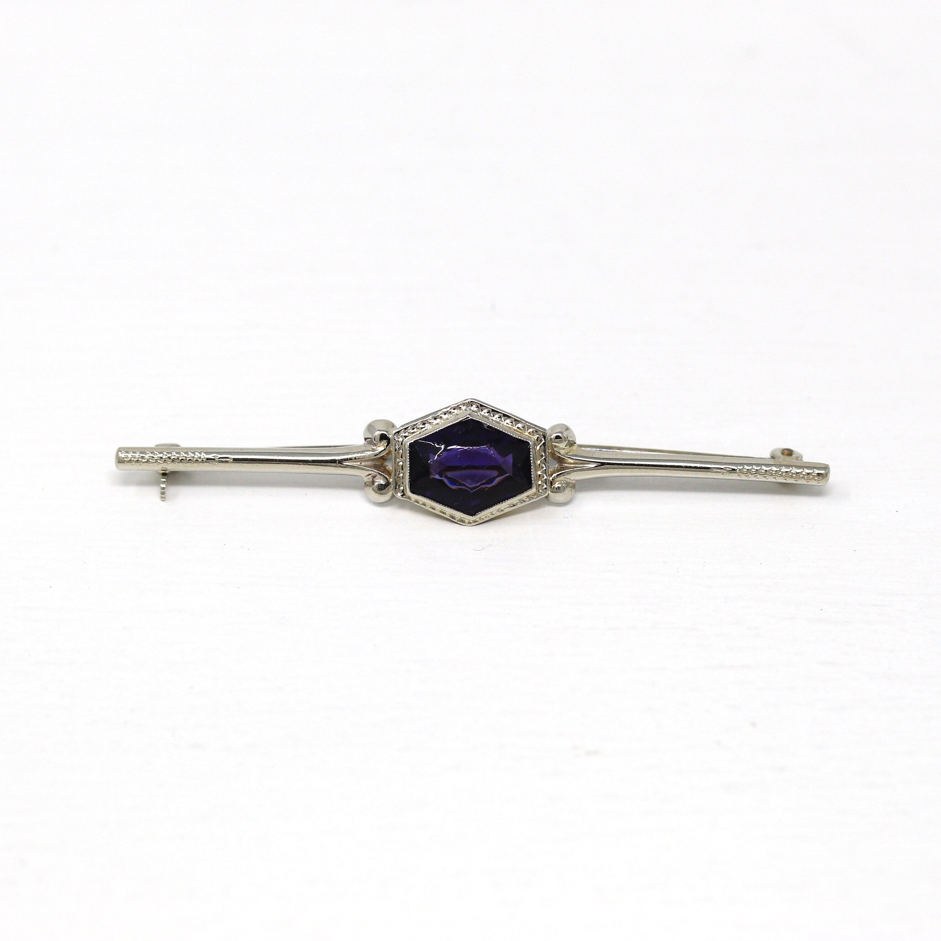 Art Deco Brooch - Vintage 10k White Gold Indigo Glass Simulated Sapphire Pin - Circa 1930s Era Bar Style Fashion Accessory Fine 30s Jewelry