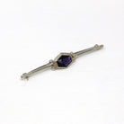 Art Deco Brooch - Vintage 10k White Gold Indigo Glass Simulated Sapphire Pin - Circa 1930s Era Bar Style Fashion Accessory Fine 30s Jewelry