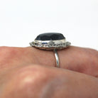 Vintage Hematite Ring - Art Deco Sterling Silver Marcasite Halo Oval Faceted Metallic Stone - Circa 1930s Era Size 5 1/2 Statement Jewelry