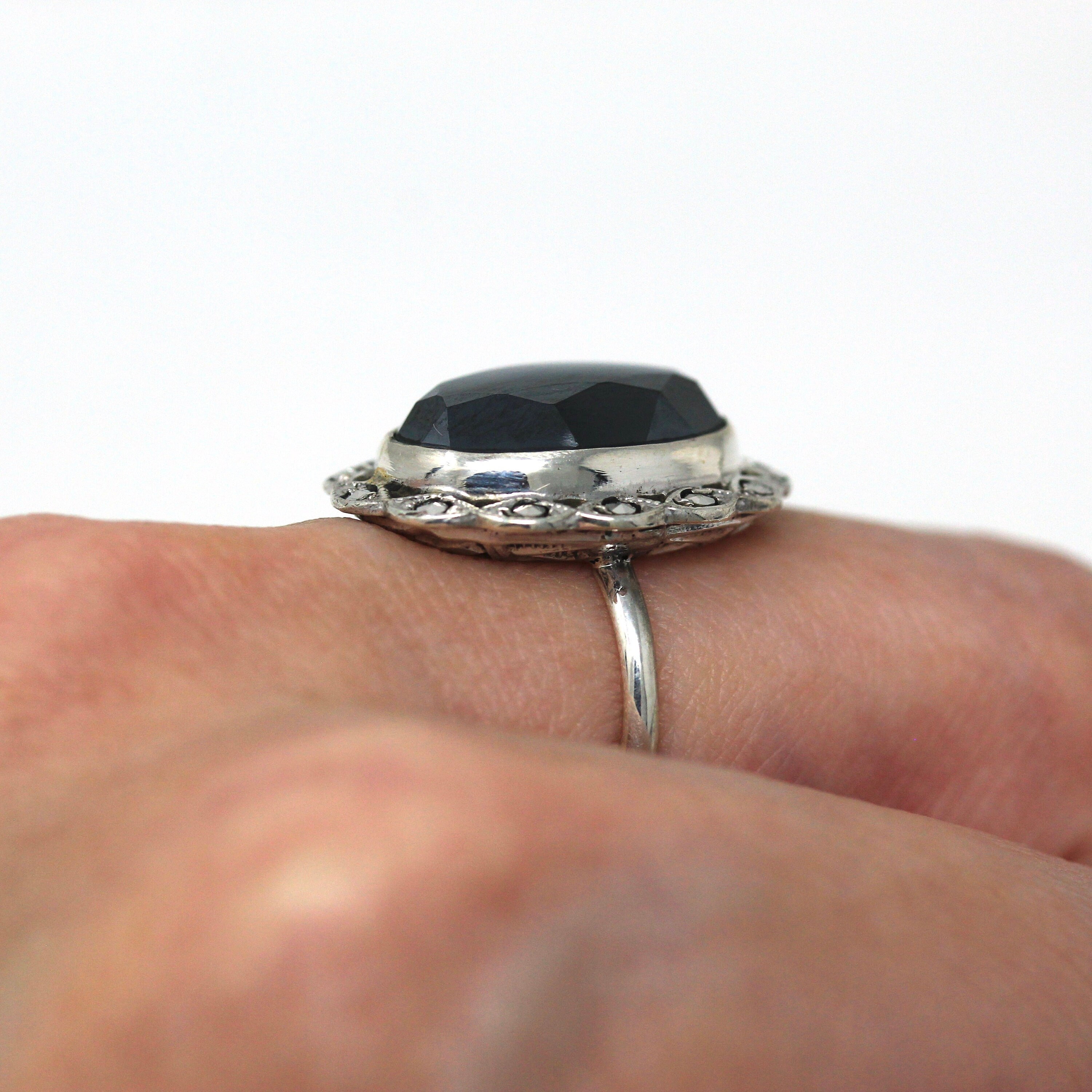 Vintage Hematite Ring - Art Deco Sterling Silver Marcasite Halo Oval Faceted Metallic Stone - Circa 1930s Era Size 5 1/2 Statement Jewelry