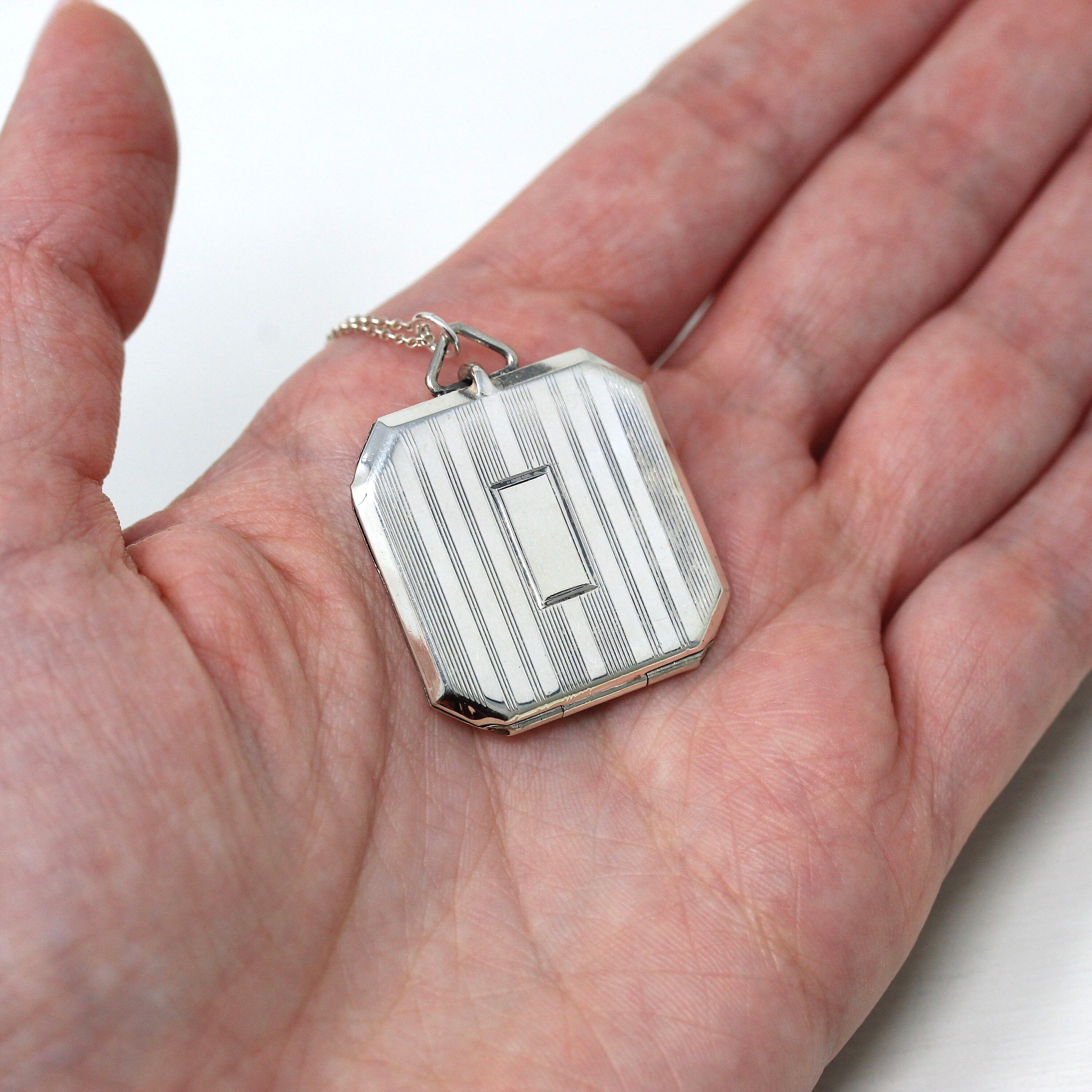 Art Deco Locket - Vintage Sterling Silver Statement Pinstripe Design Pendant Necklace Charm - Circa 1930s Era Keepsake Octagon Fob Jewelry