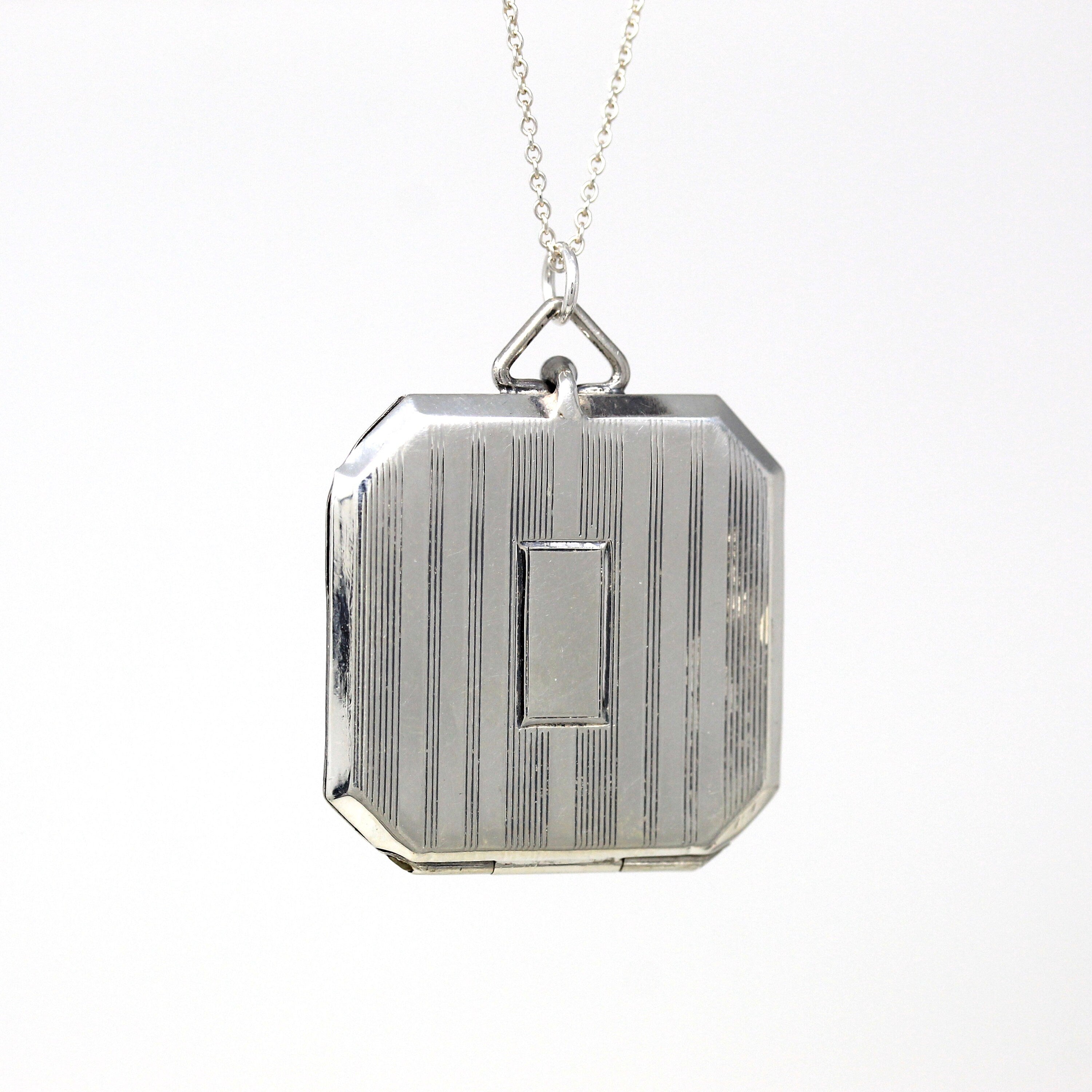 Art Deco Locket - Vintage Sterling Silver Statement Pinstripe Design Pendant Necklace Charm - Circa 1930s Era Keepsake Octagon Fob Jewelry