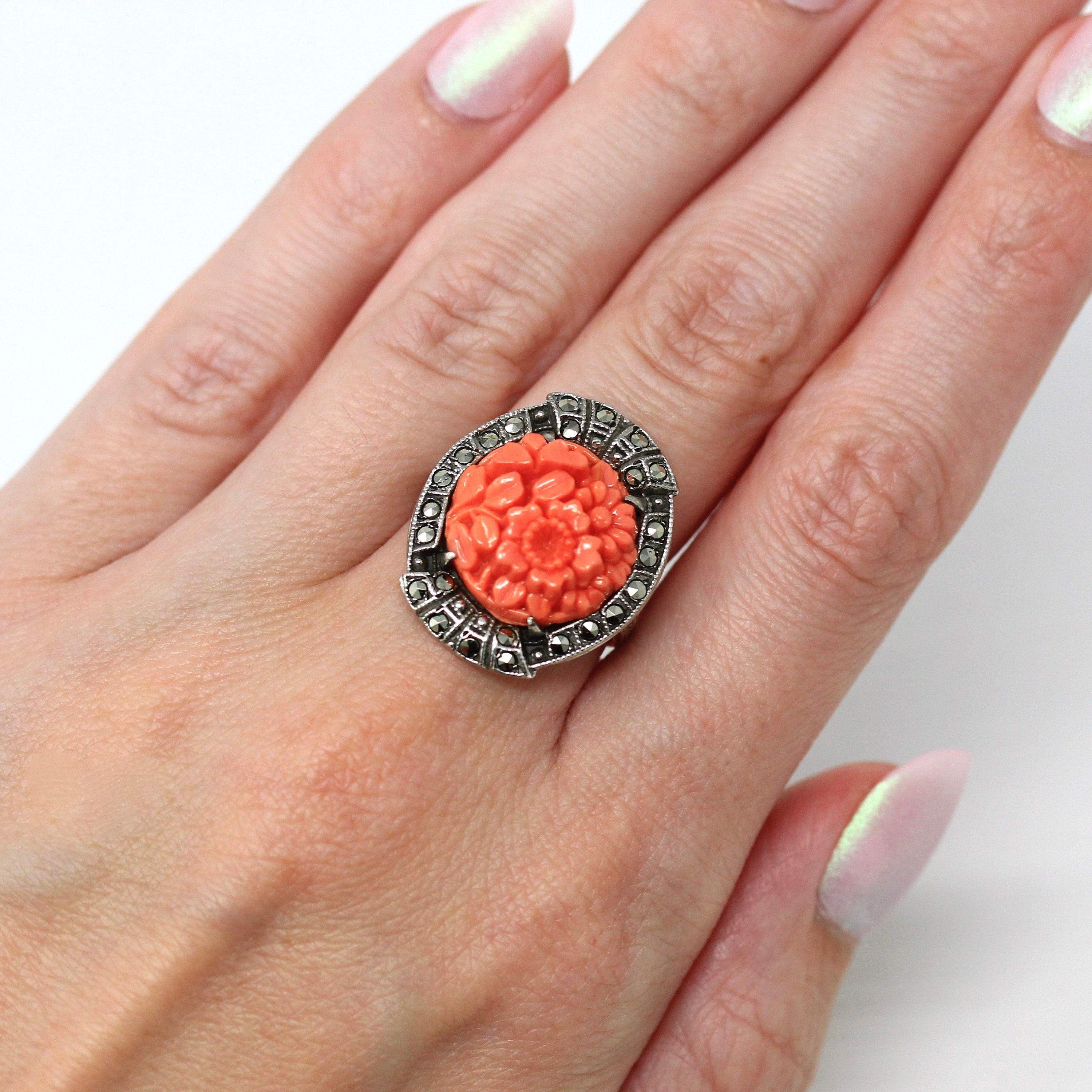 Art Deco Ring - Vintage Sterling Silver Marcasite Carved Simulated Coral - Circa 1930s Era Size 5 1/2 Flowers Statement 30s Flapper Jewelry