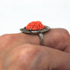 Art Deco Ring - Vintage Sterling Silver Marcasite Carved Simulated Coral - Circa 1930s Era Size 5 1/2 Flowers Statement 30s Flapper Jewelry