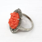 Art Deco Ring - Vintage Sterling Silver Marcasite Carved Simulated Coral - Circa 1930s Era Size 5 1/2 Flowers Statement 30s Flapper Jewelry