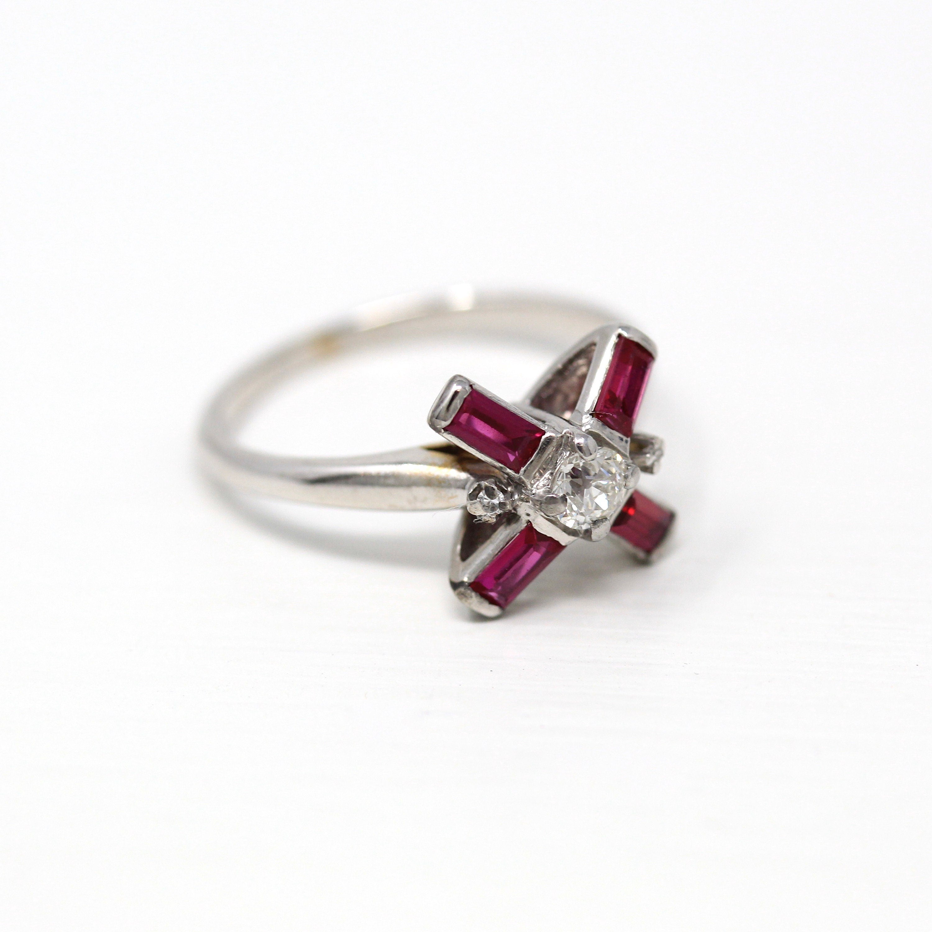 Baguette Engagement Ring - Vintage 14k White Gold Genuine .18 ctw Diamond Starburst - 1960s Size 7 Engagement Created Ruby Fine 60s Jewelry