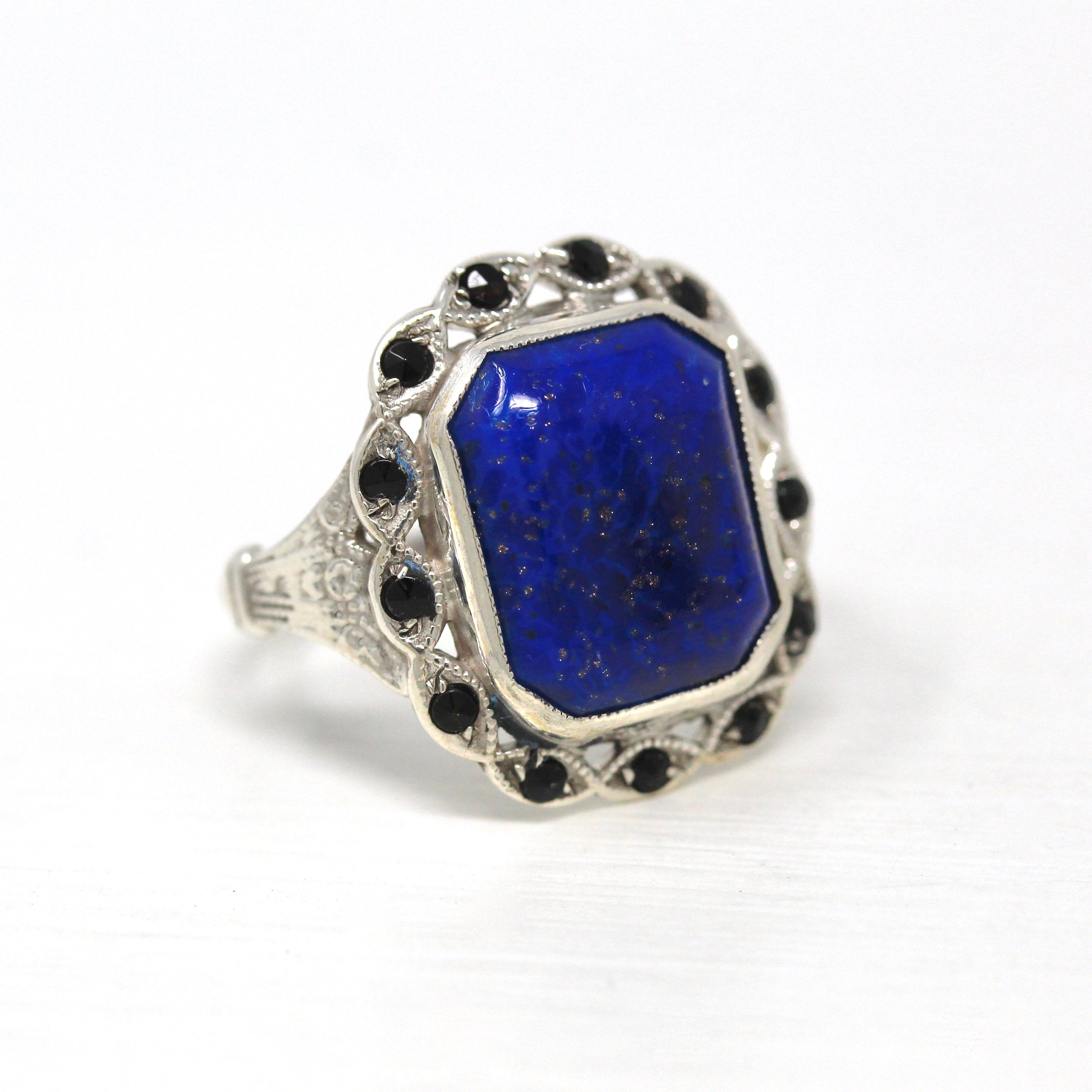 Simulated Lapis Lazuli Ring - Art Deco Sterling Silver Black Glass Halo Ring - Circa 1930s Era Size 7 Cocktail Statement 30s Jewelry