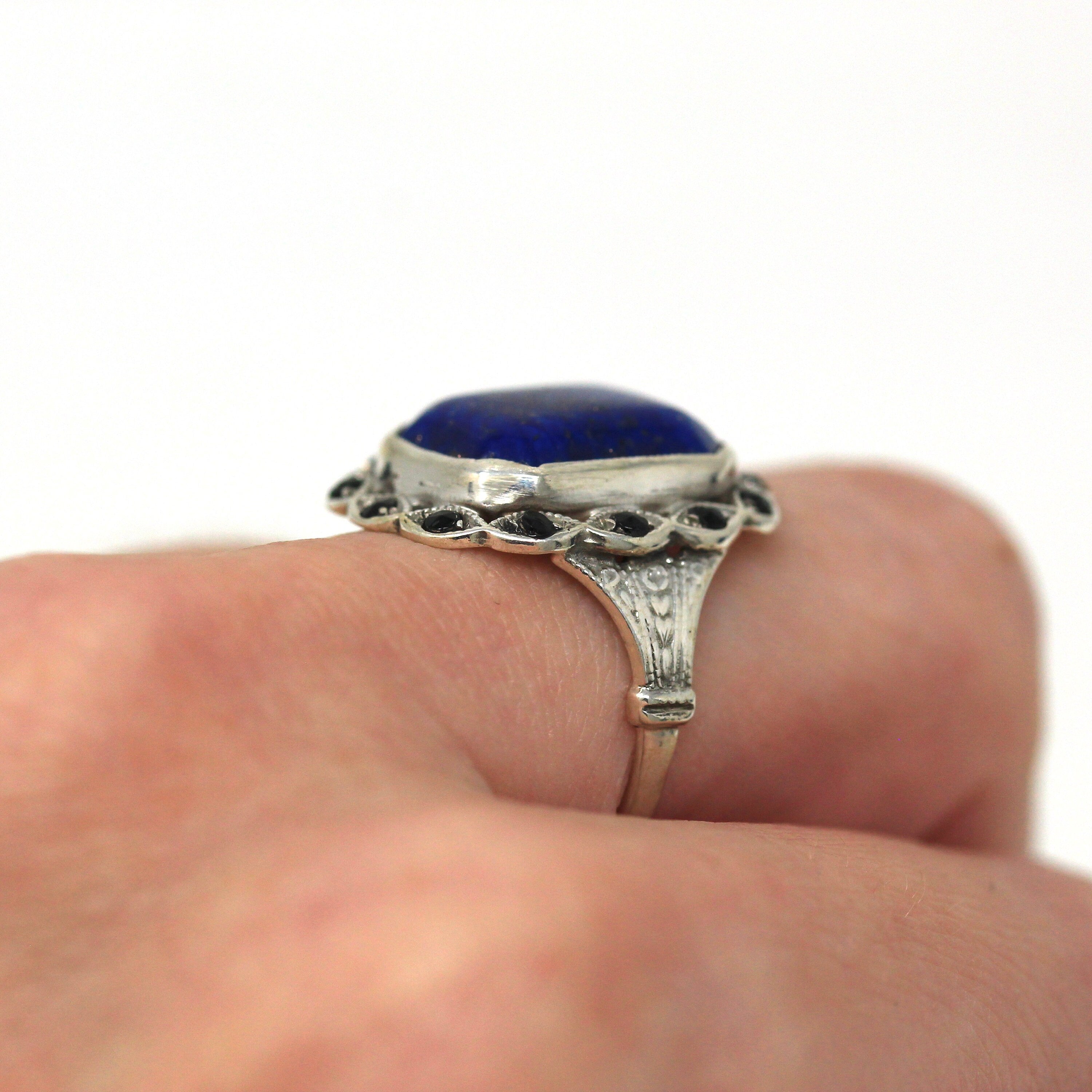 Simulated Lapis Lazuli Ring - Art Deco Sterling Silver Black Glass Halo Ring - Circa 1930s Era Size 7 Cocktail Statement 30s Jewelry