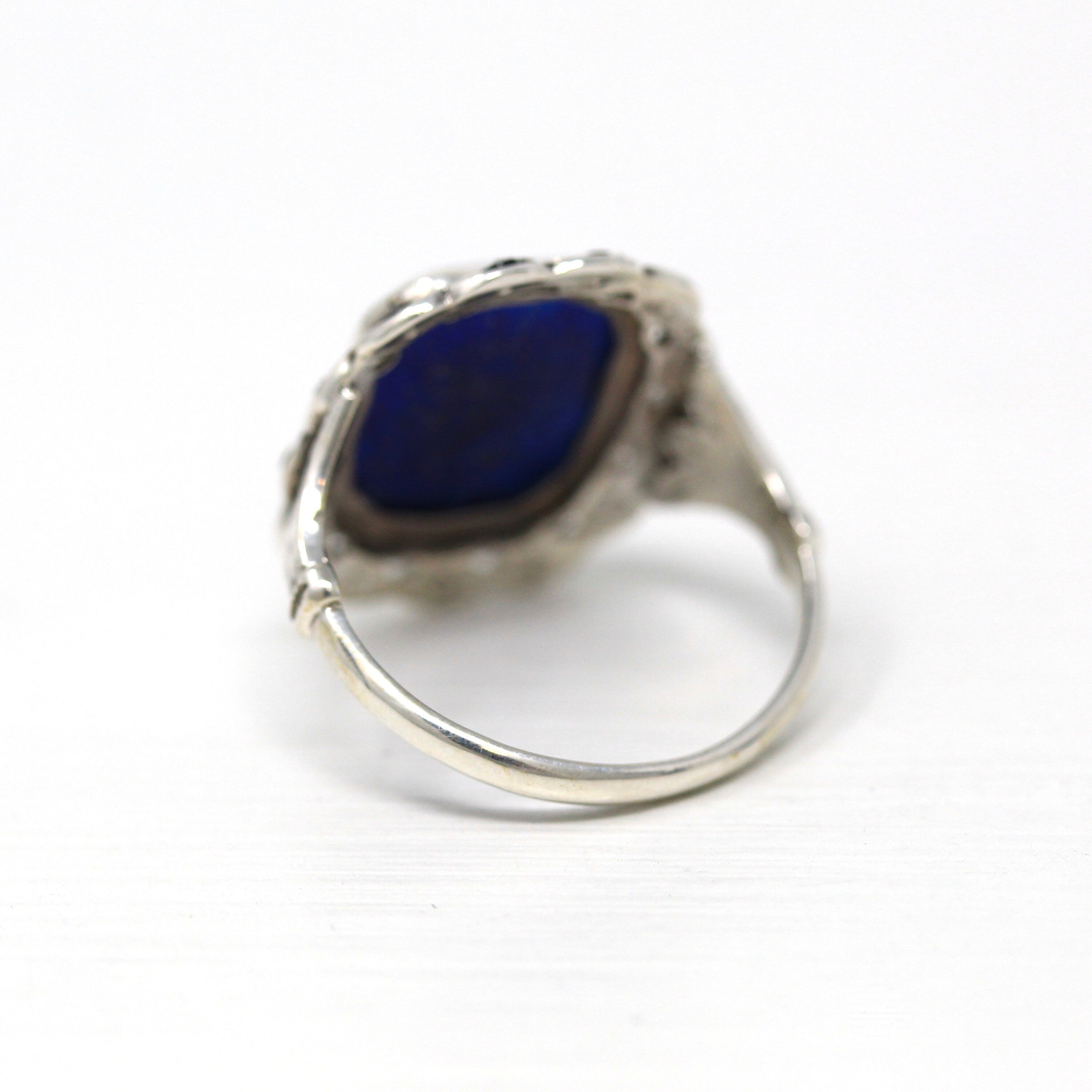 Simulated Lapis Lazuli Ring - Art Deco Sterling Silver Black Glass Halo Ring - Circa 1930s Era Size 7 Cocktail Statement 30s Jewelry