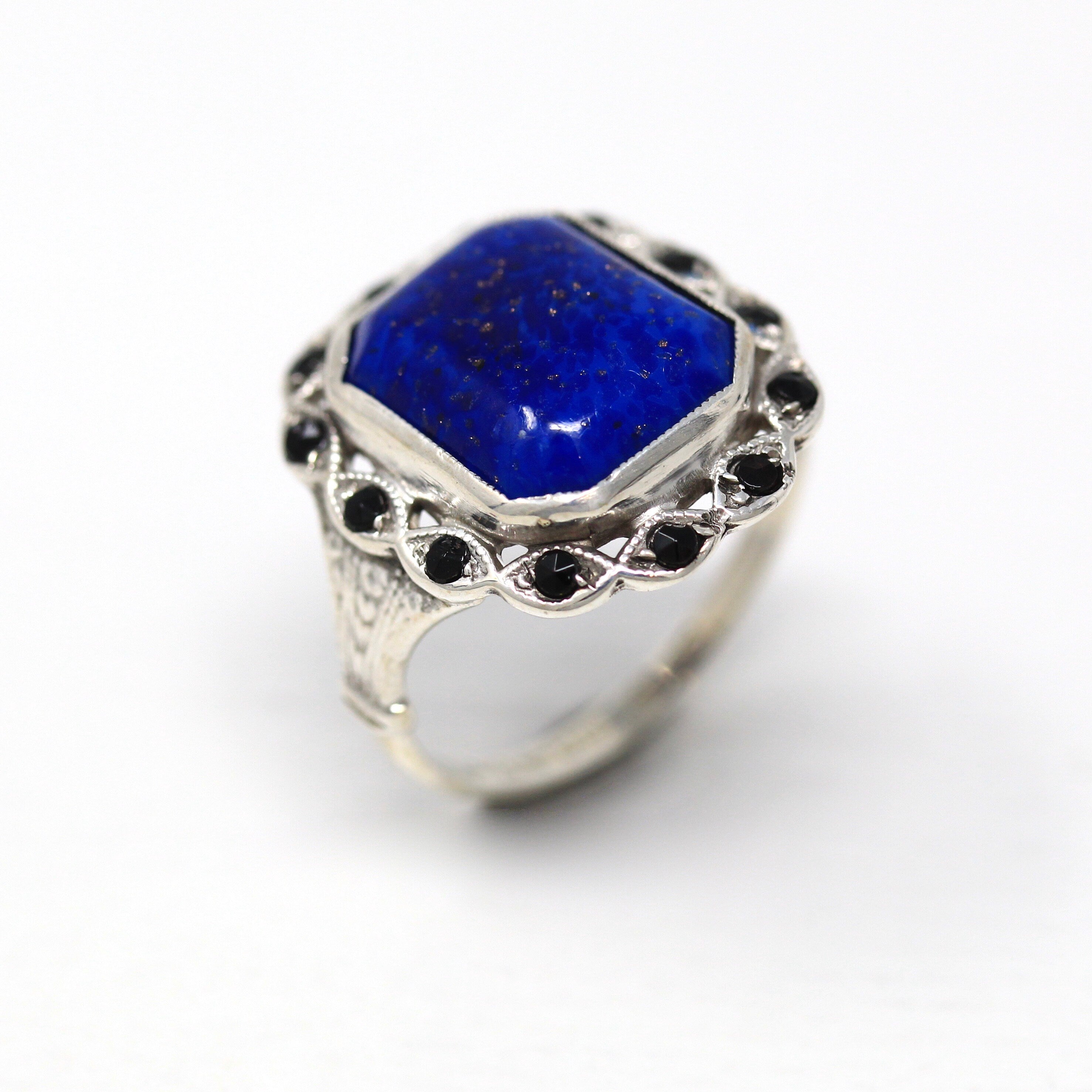 Simulated Lapis Lazuli Ring - Art Deco Sterling Silver Black Glass Halo Ring - Circa 1930s Era Size 7 Cocktail Statement 30s Jewelry