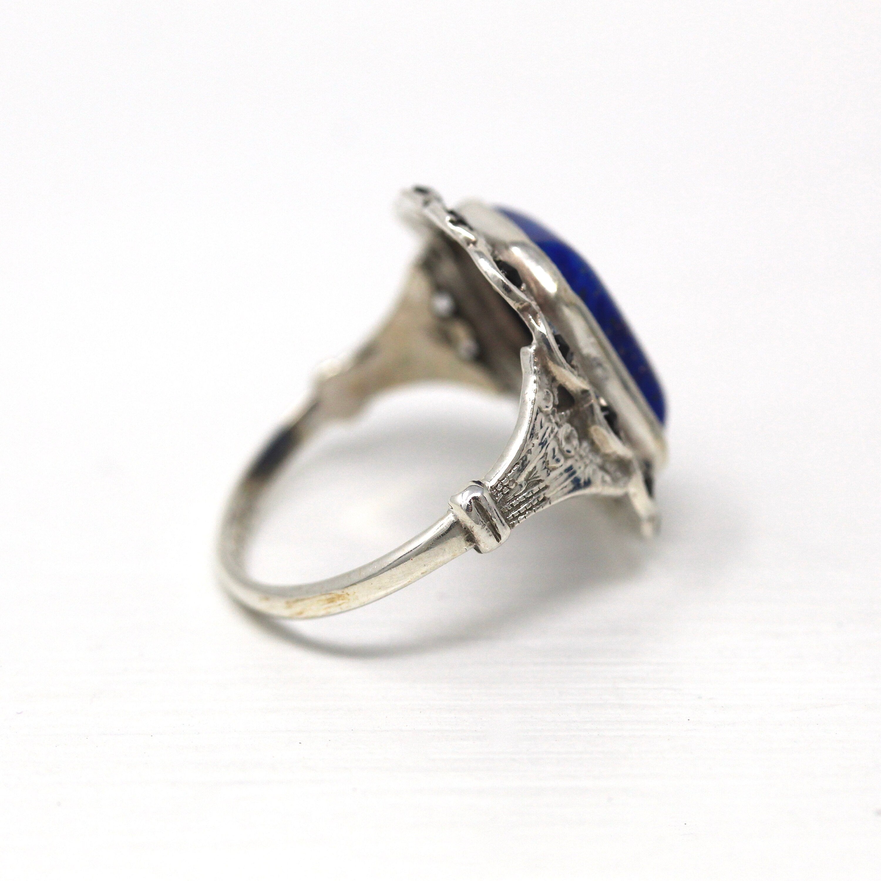 Simulated Lapis Lazuli Ring - Art Deco Sterling Silver Black Glass Halo Ring - Circa 1930s Era Size 7 Cocktail Statement 30s Jewelry