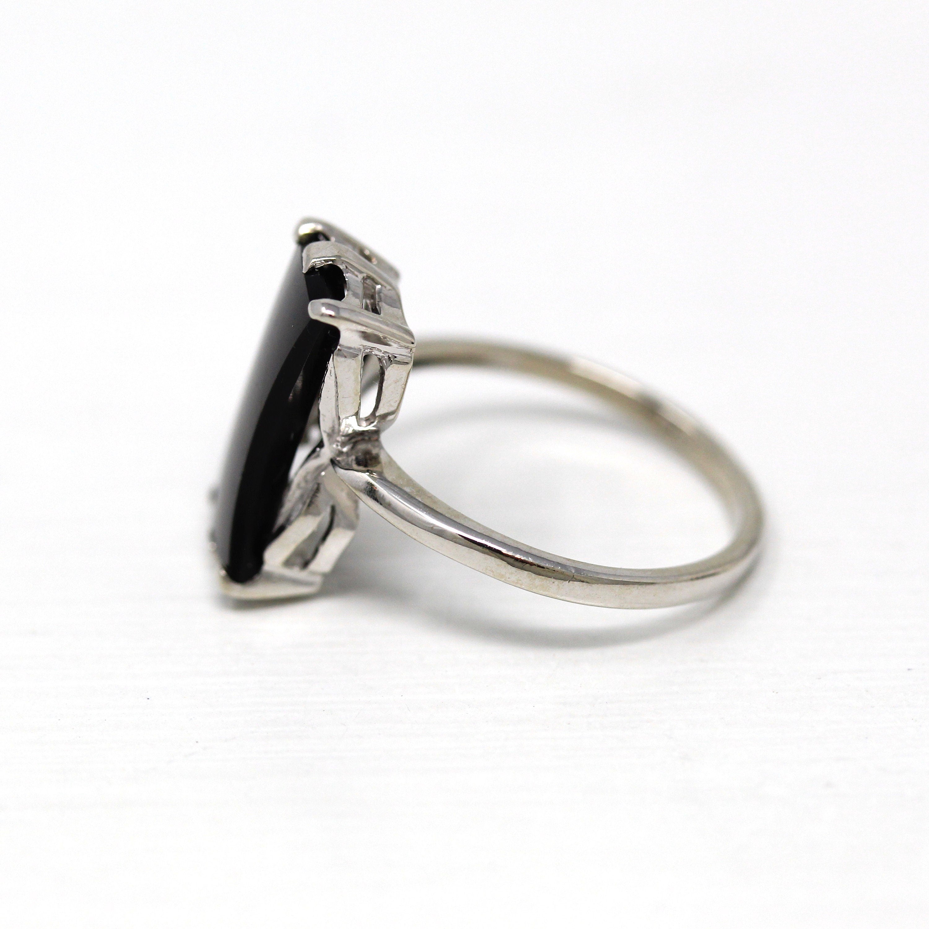 Genuine Onyx Ring - Retro 10k White Gold Fancy Cut Black Gemstone - Vintage Circa 1960s Era Size 7 1/4 Statement Solitaire Fine Jewelry