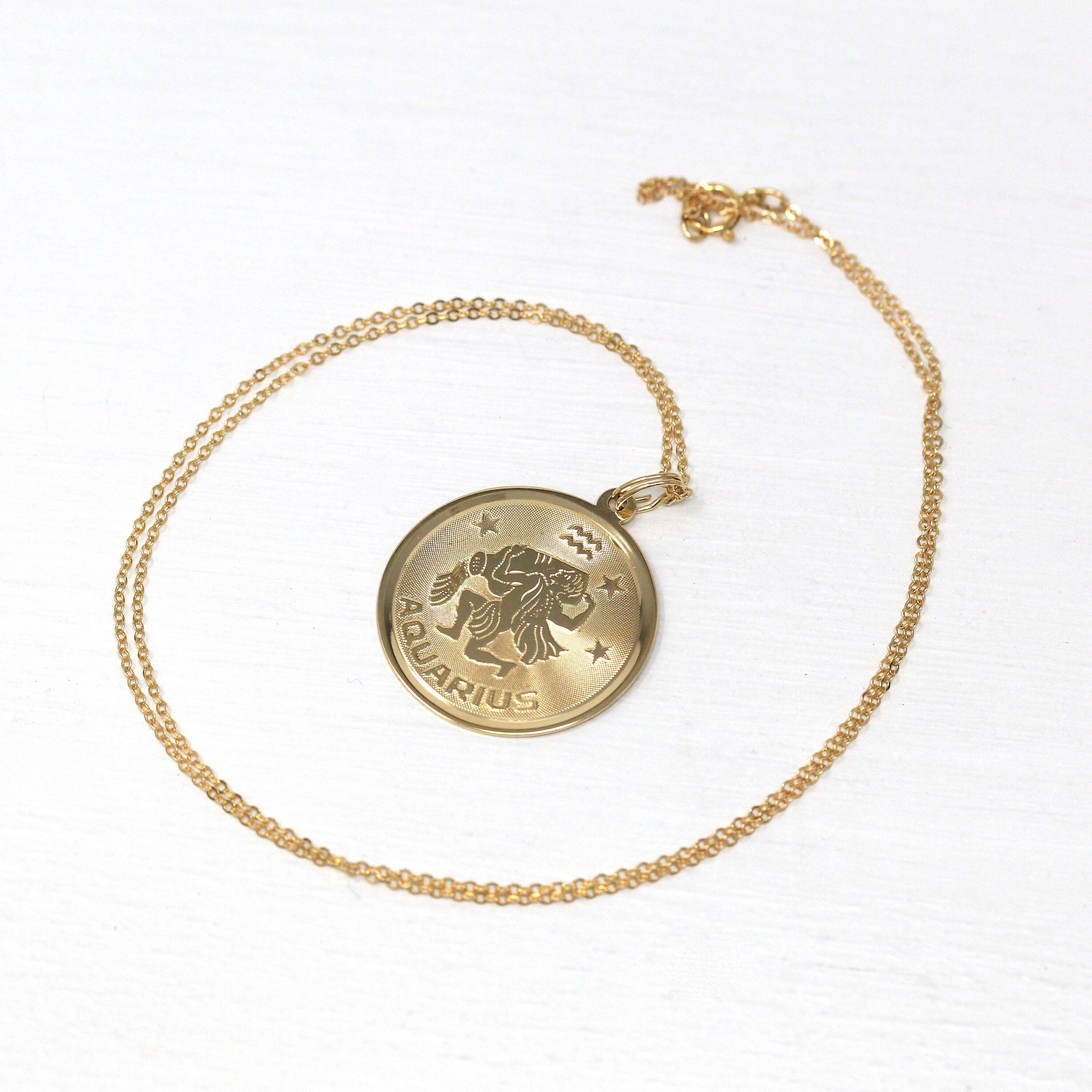 Vintage Aquarius Necklace - Retro 14k Yellow Gold Water-Bearer Astrological Sign Pendant - Circa 1970s Zodiac Celestial Air Element Jewelry