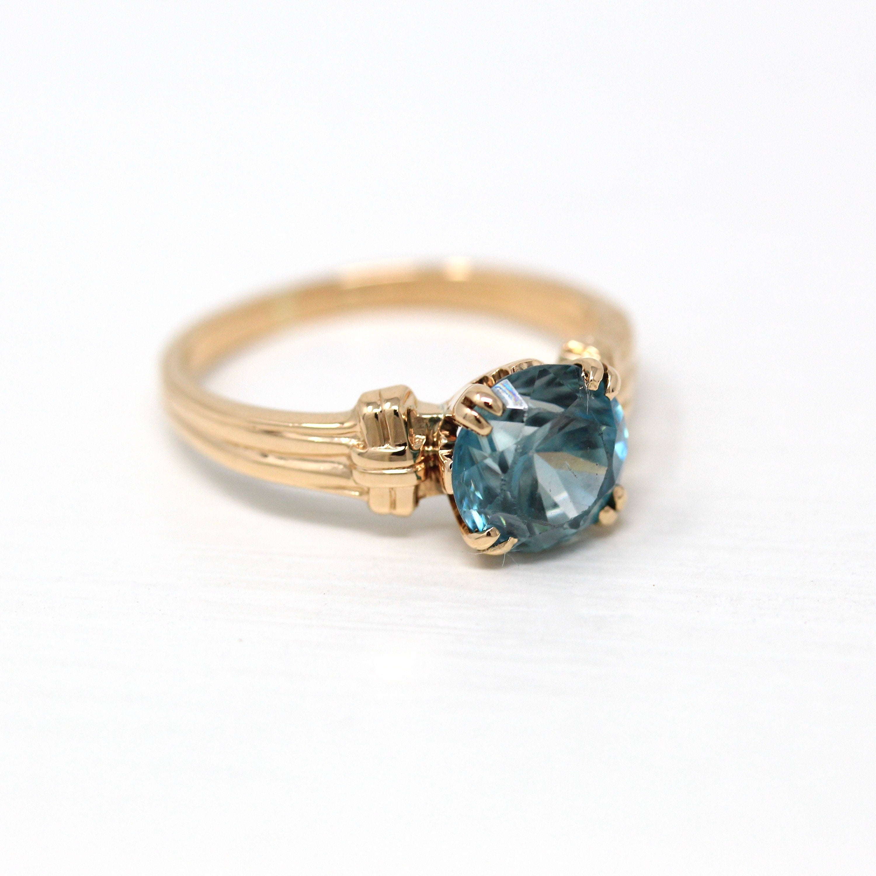 Genuine Blue Zircon Ring - Retro 14k Rosy Yellow Gold Round Blue 3.09 CT Gemstone - Vintage Circa 1940s Size 7 1/4 Solitaire Fine Jewelry