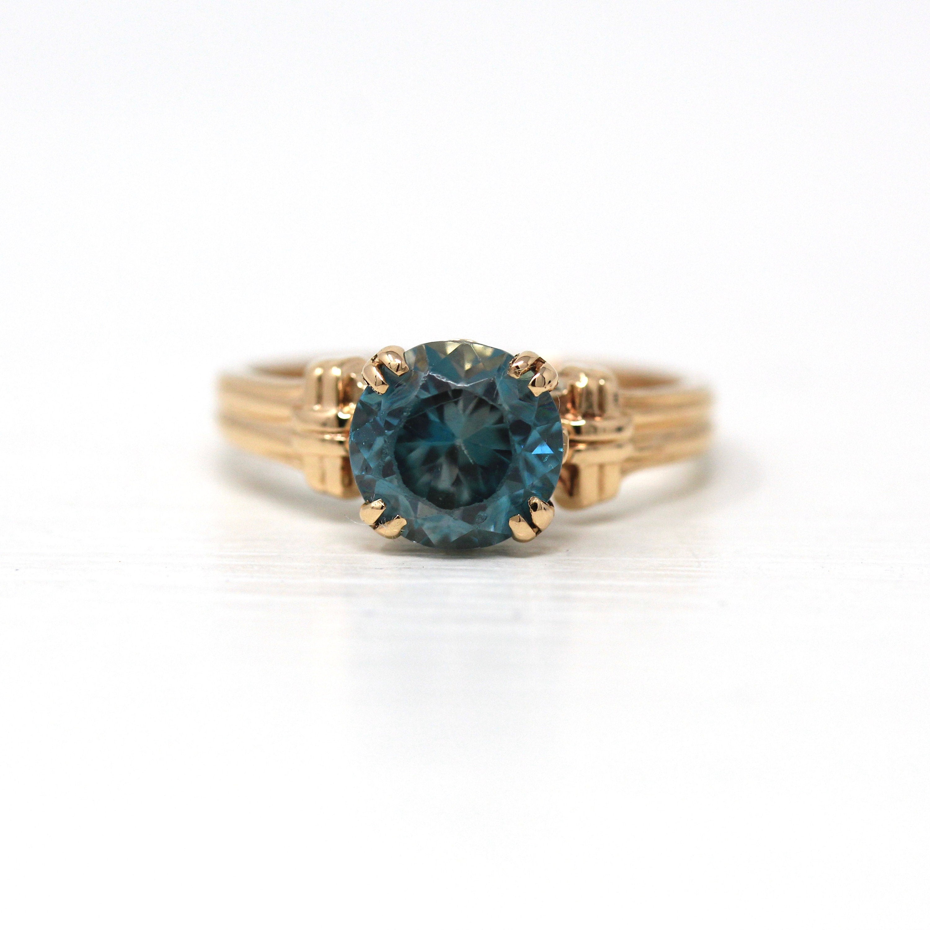 Genuine Blue Zircon Ring - Retro 14k Rosy Yellow Gold Round Blue 3.09 CT Gemstone - Vintage Circa 1940s Size 7 1/4 Solitaire Fine Jewelry