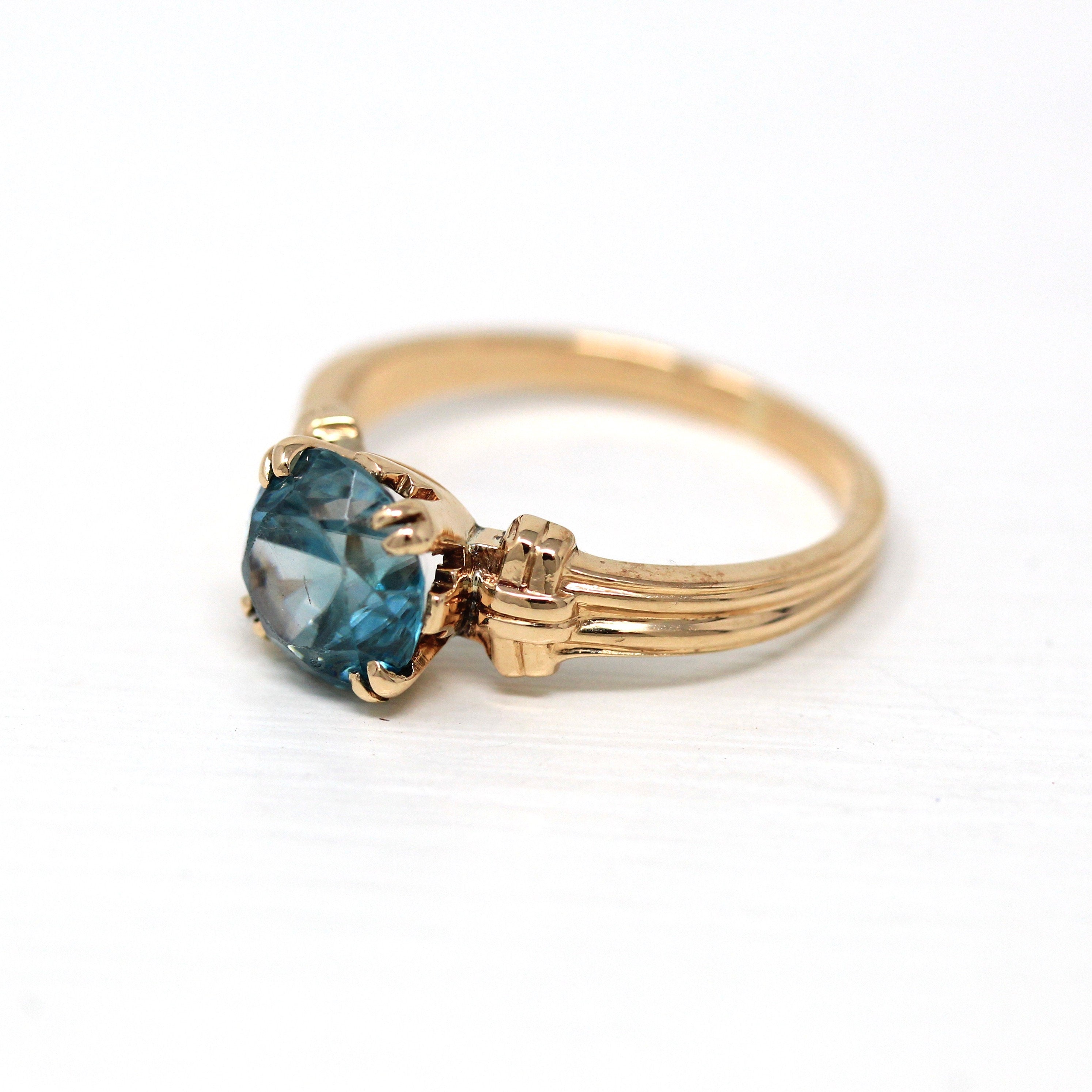 Genuine Blue Zircon Ring - Retro 14k Rosy Yellow Gold Round Blue 3.09 CT Gemstone - Vintage Circa 1940s Size 7 1/4 Solitaire Fine Jewelry