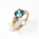 Genuine Blue Zircon Ring - Retro 14k Rosy Yellow Gold Round Blue 3.09 CT Gemstone - Vintage Circa 1940s Size 7 1/4 Solitaire Fine Jewelry