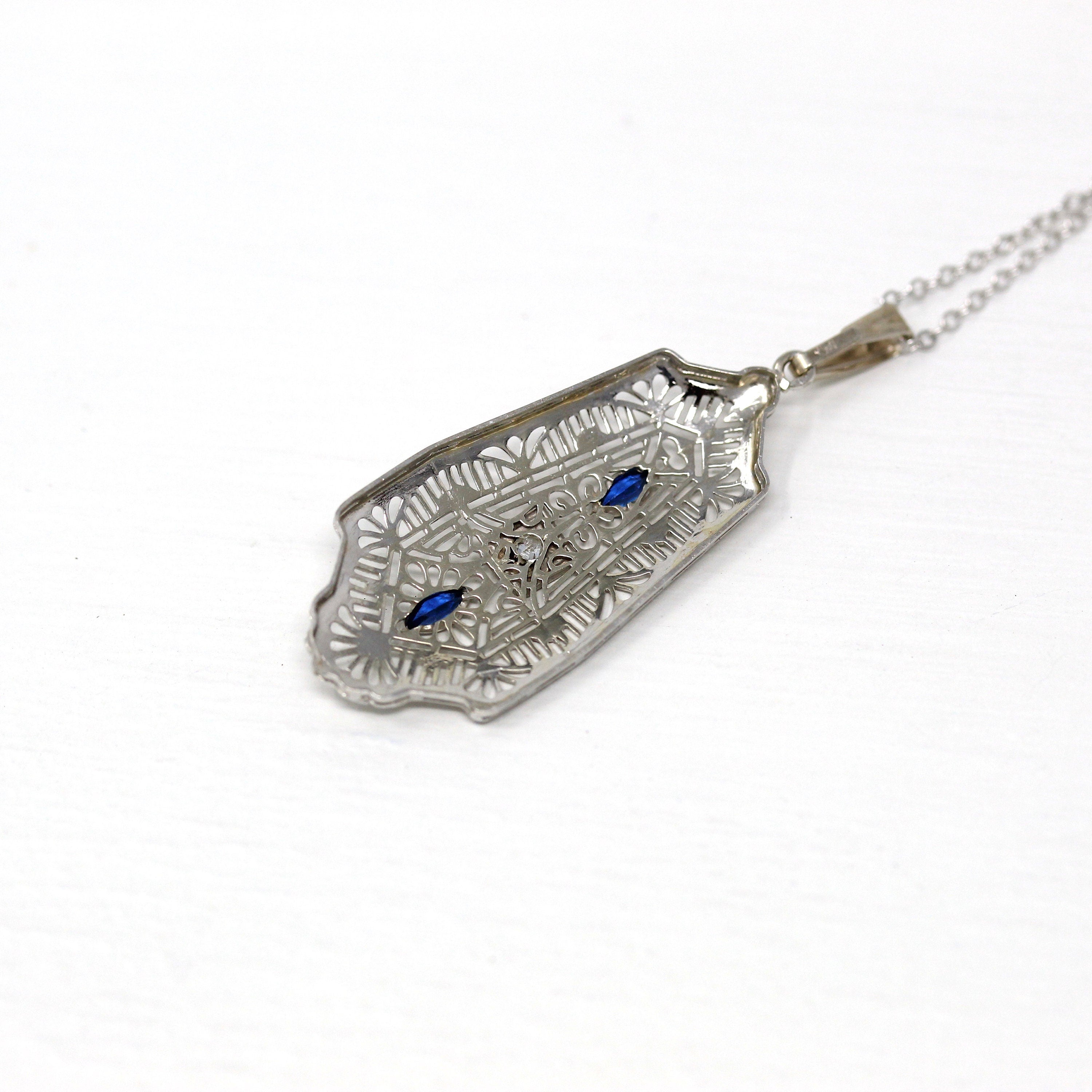 Art Deco Necklace - Antique 10k White Gold Genuine Diamond Filigree Simulated Sapphire Pendant - Vintage 1930s Era Adjustable Fine Jewelry