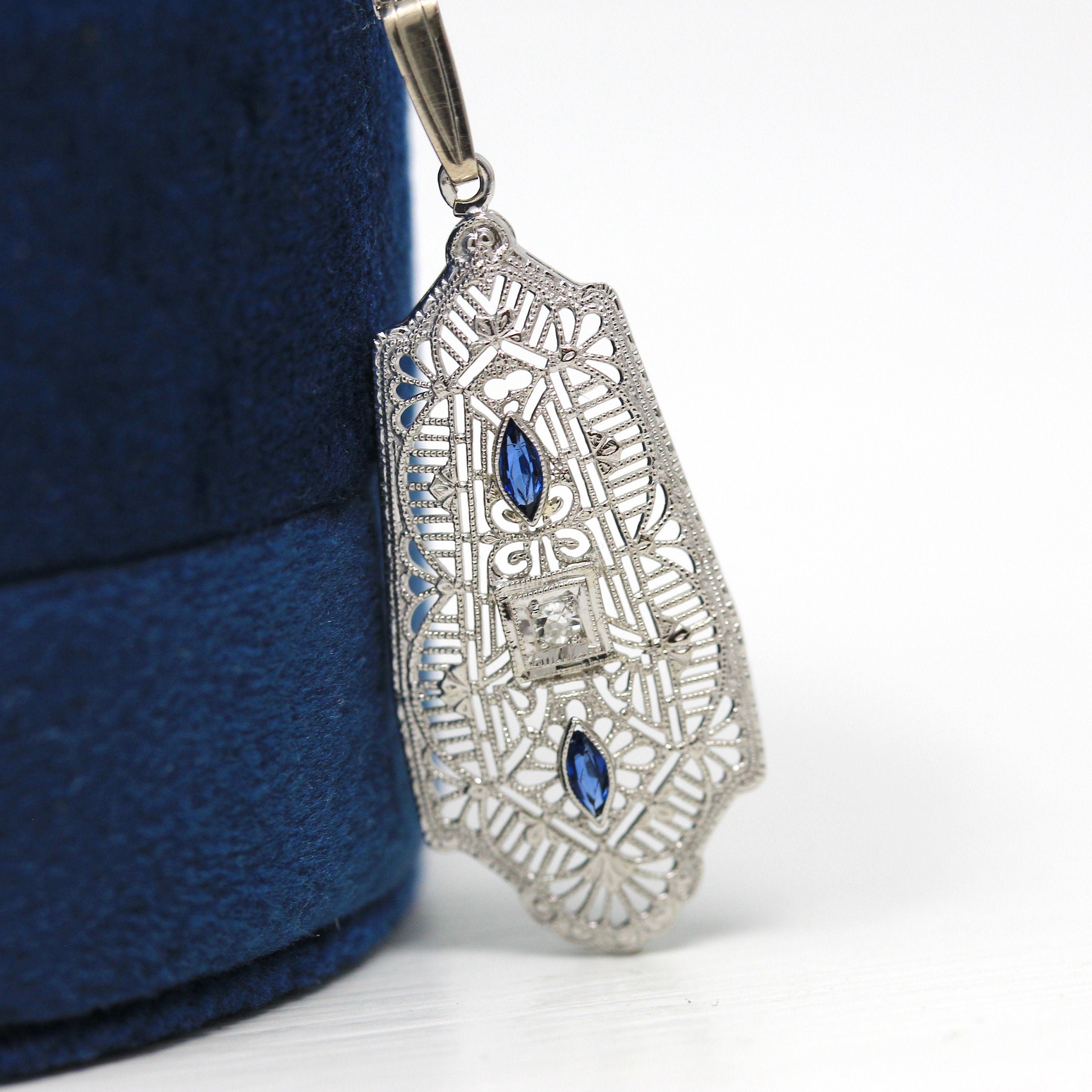 Art Deco Necklace - Antique 10k White Gold Genuine Diamond Filigree Simulated Sapphire Pendant - Vintage 1930s Era Adjustable Fine Jewelry