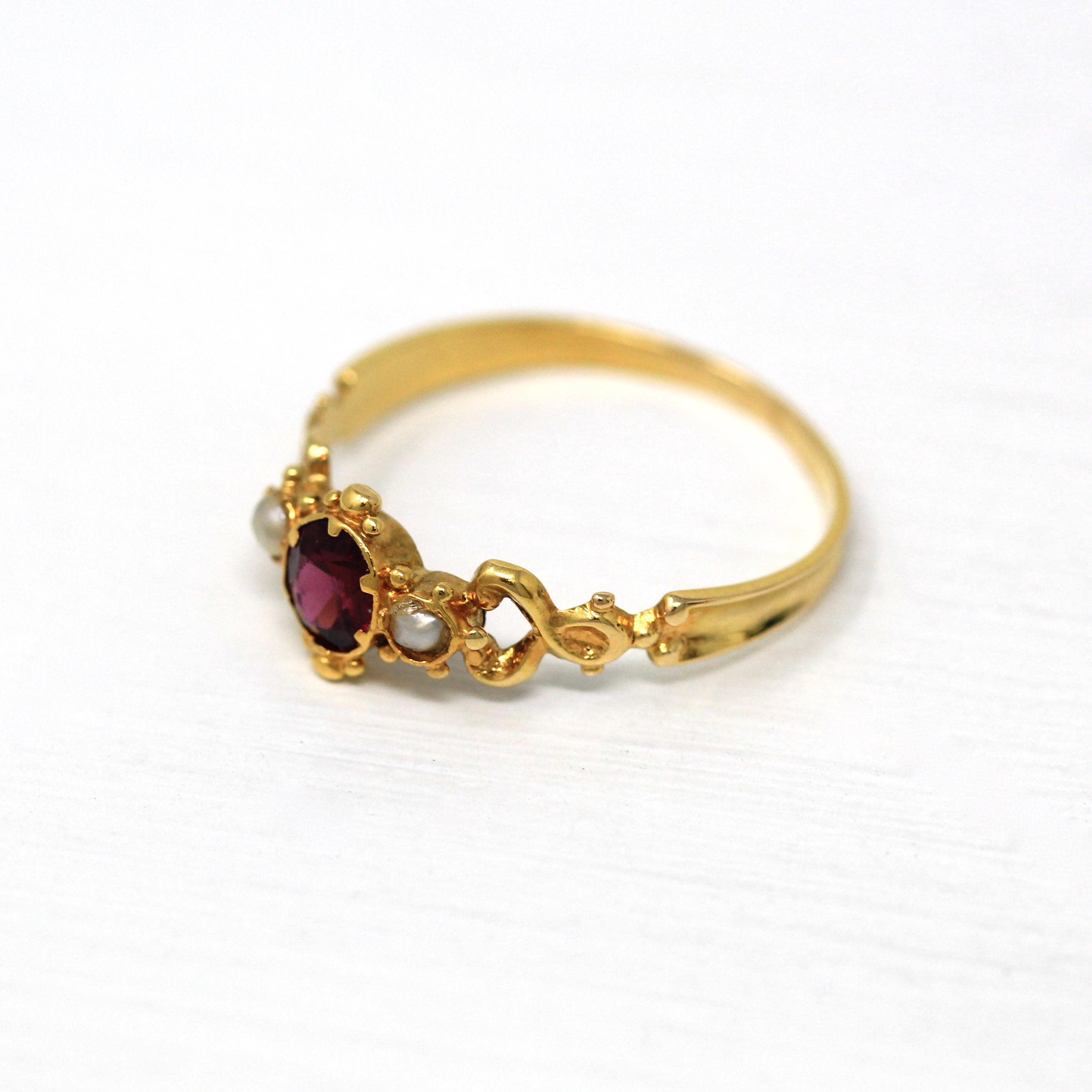 Genuine Garnet Ring - Georgian 15 ct Yellow Gold Seed Pearls Red Gemstone - Antique Circa 1800s Era Size 5 1/2 Statement Dainty Fine Jewelry