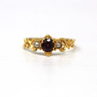 Genuine Garnet Ring - Georgian 15 ct Yellow Gold Seed Pearls Red Gemstone - Antique Circa 1800s Era Size 5 1/2 Statement Dainty Fine Jewelry