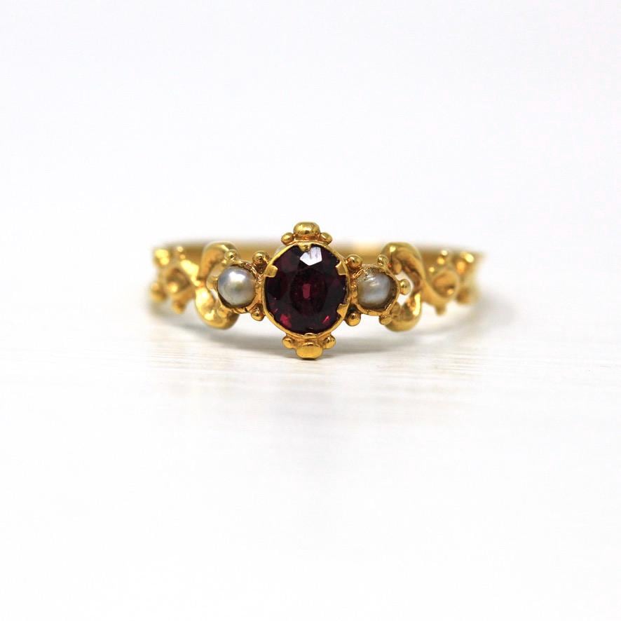 Genuine Garnet Ring - Georgian 15 ct Yellow Gold Seed Pearls Red Gemstone - Antique Circa 1800s Era Size 5 1/2 Statement Dainty Fine Jewelry