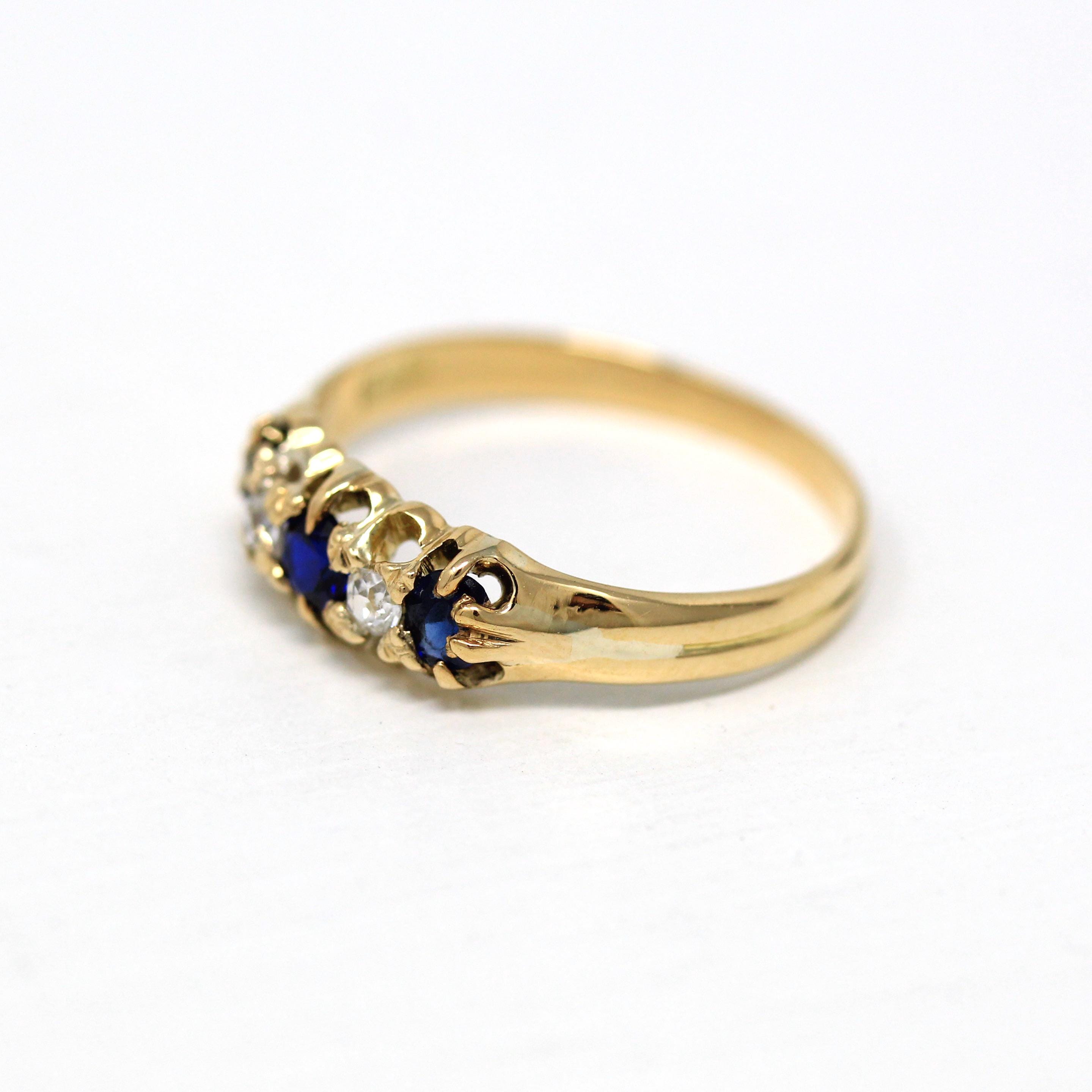 Antique Diamond Band - Edwardian 18 Ct Yellow Gold Created Sapphire Ring - Vintage Circa 1910s Era Size 6 1/2 September Birthstone Jewelry