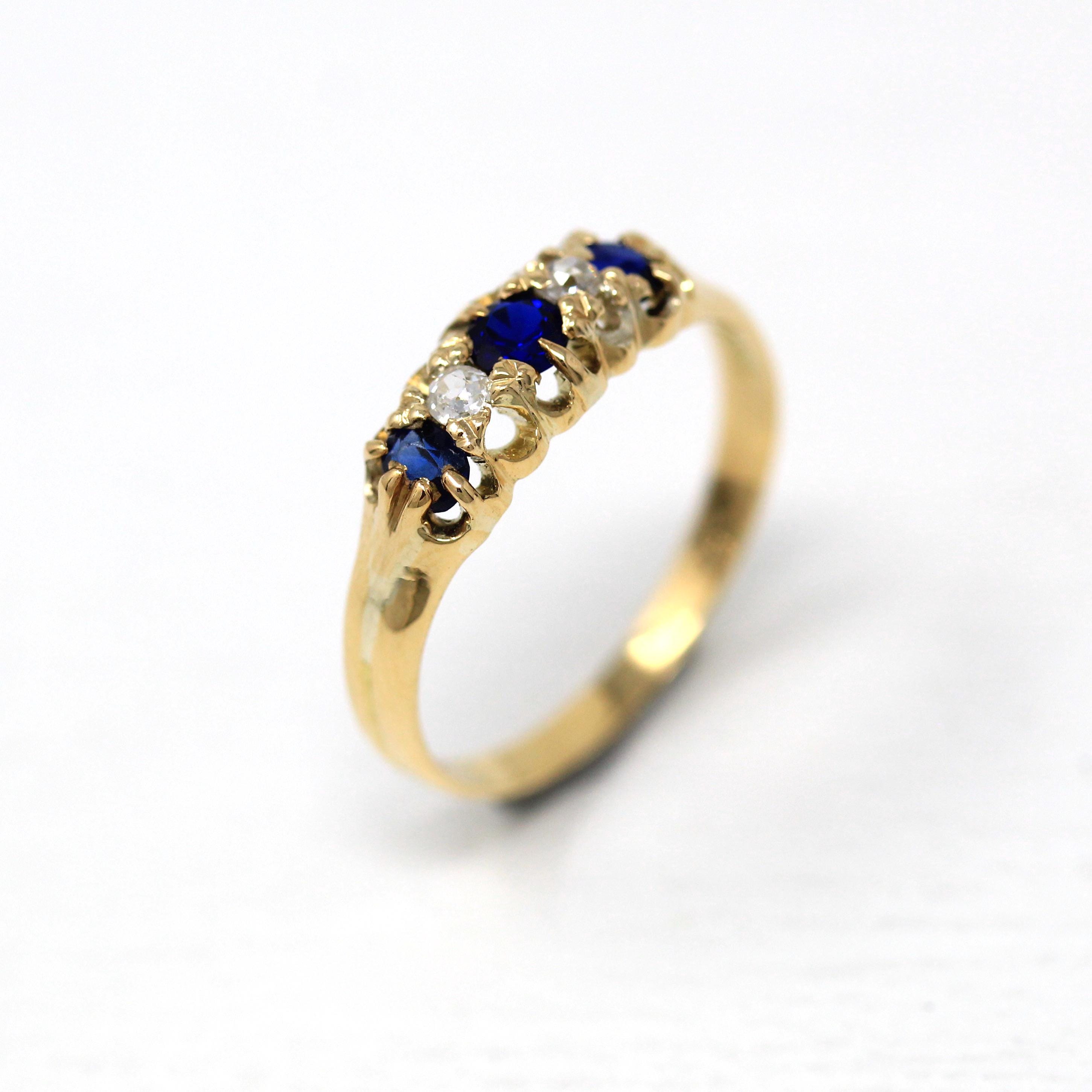 Antique Diamond Band - Edwardian 18 Ct Yellow Gold Created Sapphire Ring - Vintage Circa 1910s Era Size 6 1/2 September Birthstone Jewelry