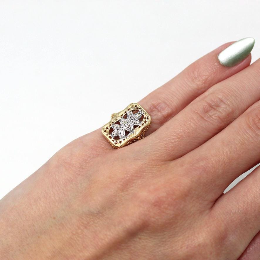 Vintage Shield Ring - Retro 14k Yellow & White Gold .035 CTW Diamond Gem - Vintage Circa 1940s Size 3 1/2 Statement Flower Filigree Jewelry