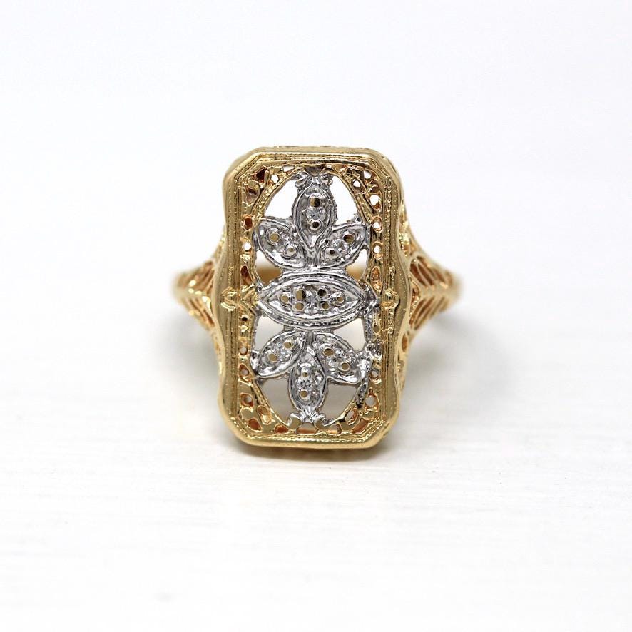 Vintage Shield Ring - Retro 14k Yellow & White Gold .035 CTW Diamond Gem - Vintage Circa 1940s Size 3 1/2 Statement Flower Filigree Jewelry