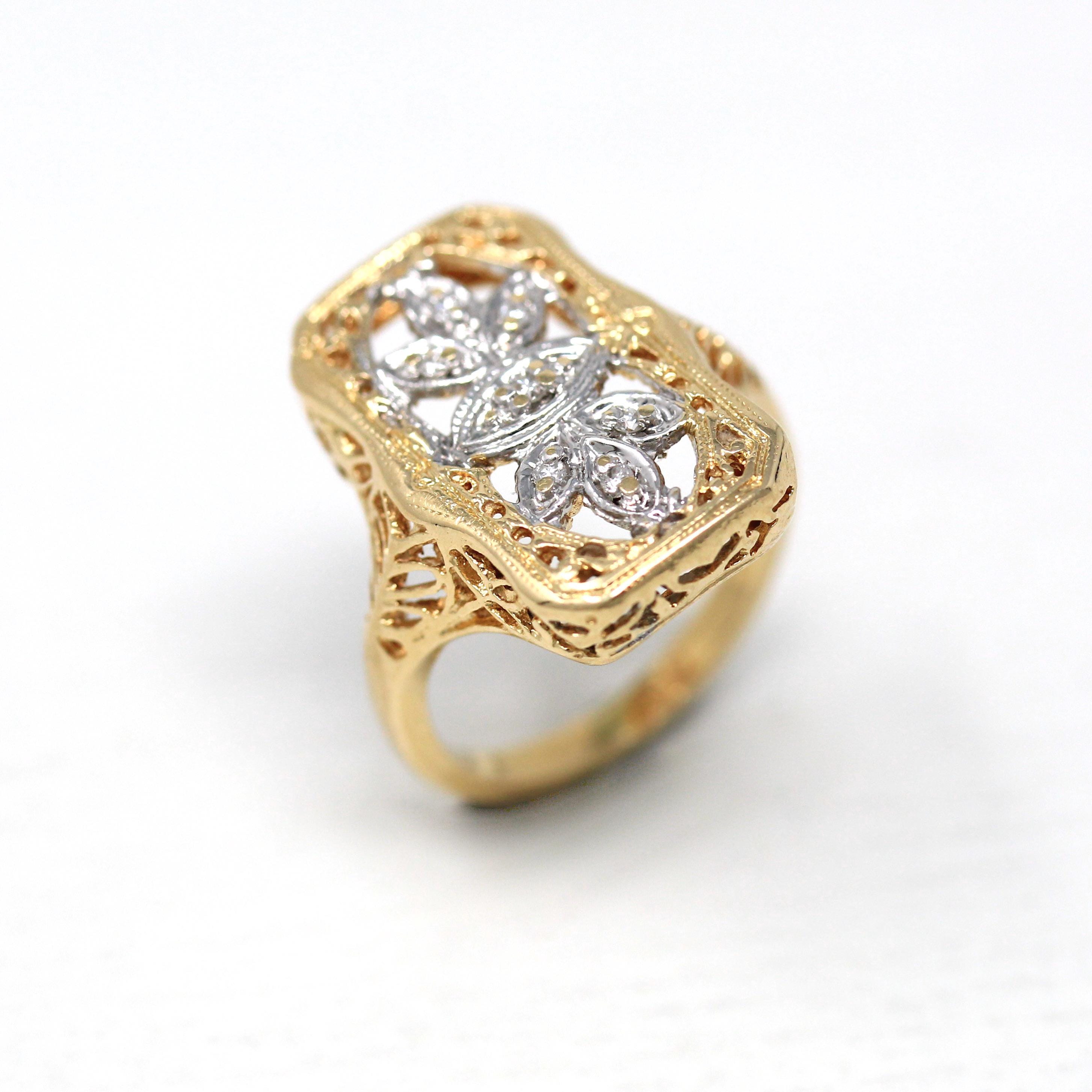 Vintage Shield Ring - Retro 14k Yellow & White Gold .035 CTW Diamond Gem - Vintage Circa 1940s Size 3 1/2 Statement Flower Filigree Jewelry