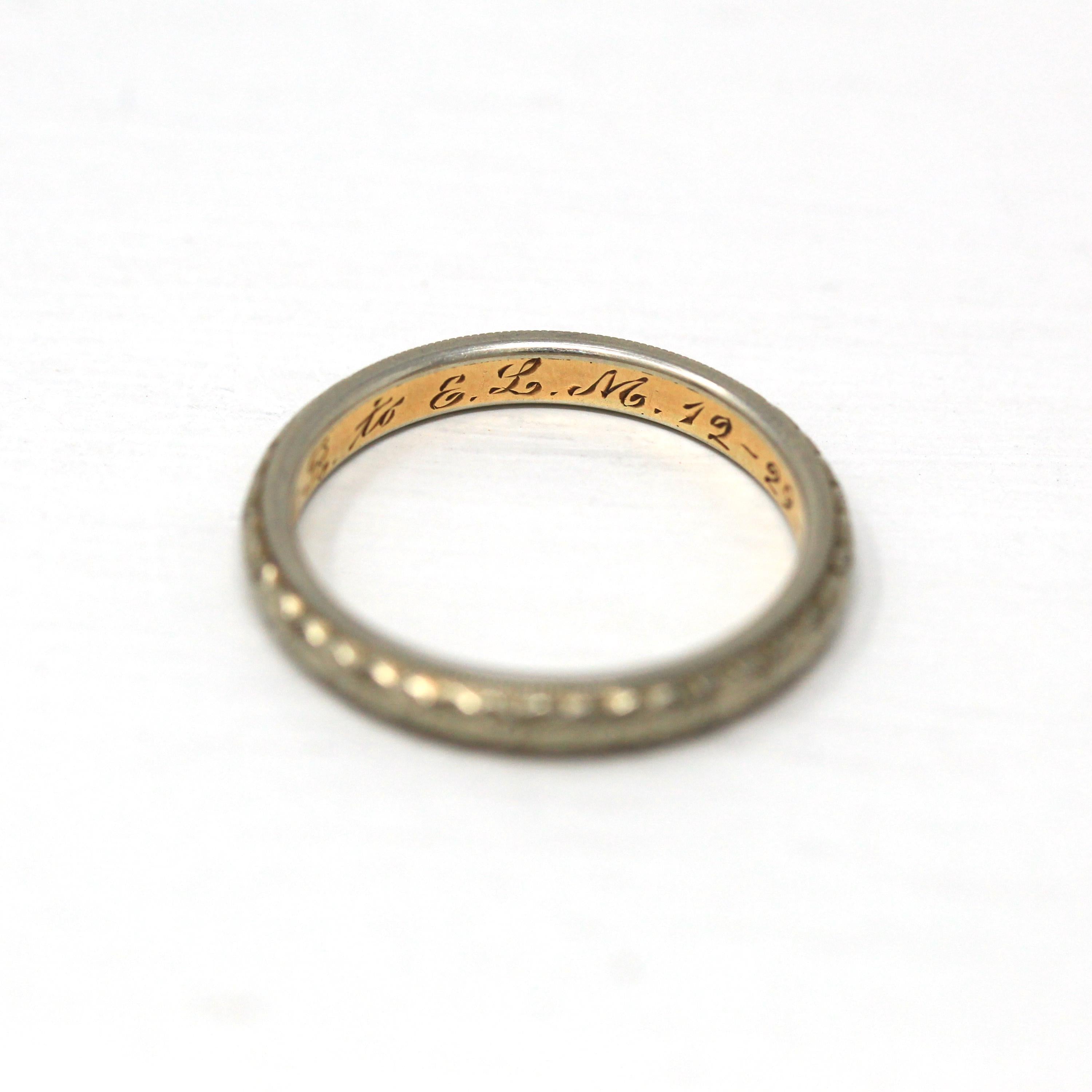 Antique Wedding Band - Edwardian 18k White & Yellow Gold Engraved "WAR to ELM 12-29-17" Ring - Dated 1917 Size 7 1/2 Orange Blossom Jewelry