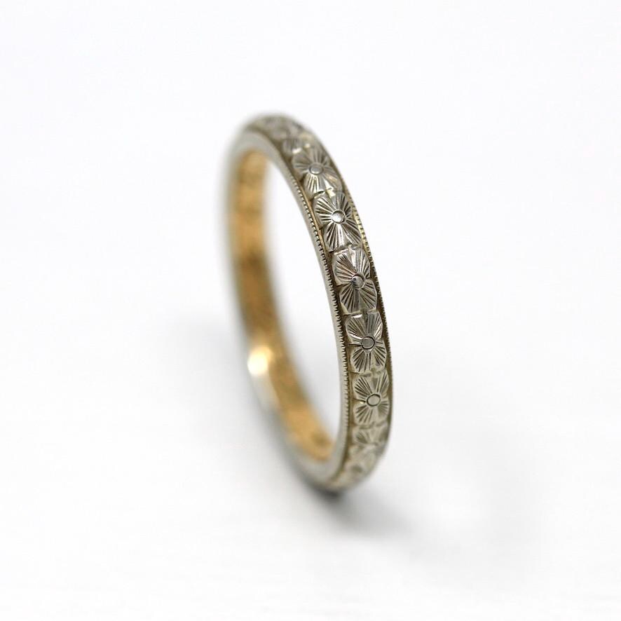 Antique Wedding Band - Edwardian 18k White & Yellow Gold Engraved "WAR to ELM 12-29-17" Ring - Dated 1917 Size 7 1/2 Orange Blossom Jewelry