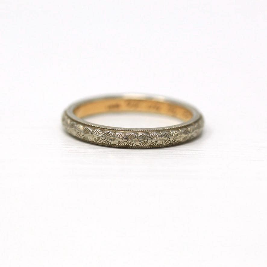 Antique Wedding Band - Edwardian 18k White & Yellow Gold Engraved "WAR to ELM 12-29-17" Ring - Dated 1917 Size 7 1/2 Orange Blossom Jewelry