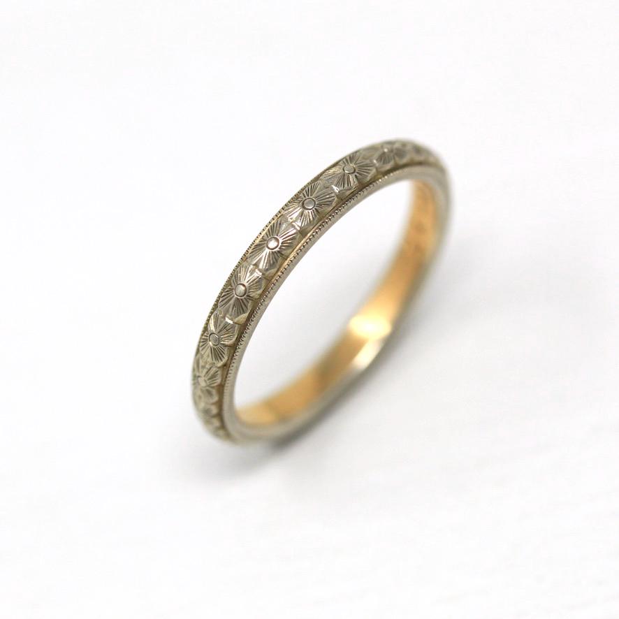 Antique Wedding Band - Edwardian 18k White & Yellow Gold Engraved "WAR to ELM 12-29-17" Ring - Dated 1917 Size 7 1/2 Orange Blossom Jewelry