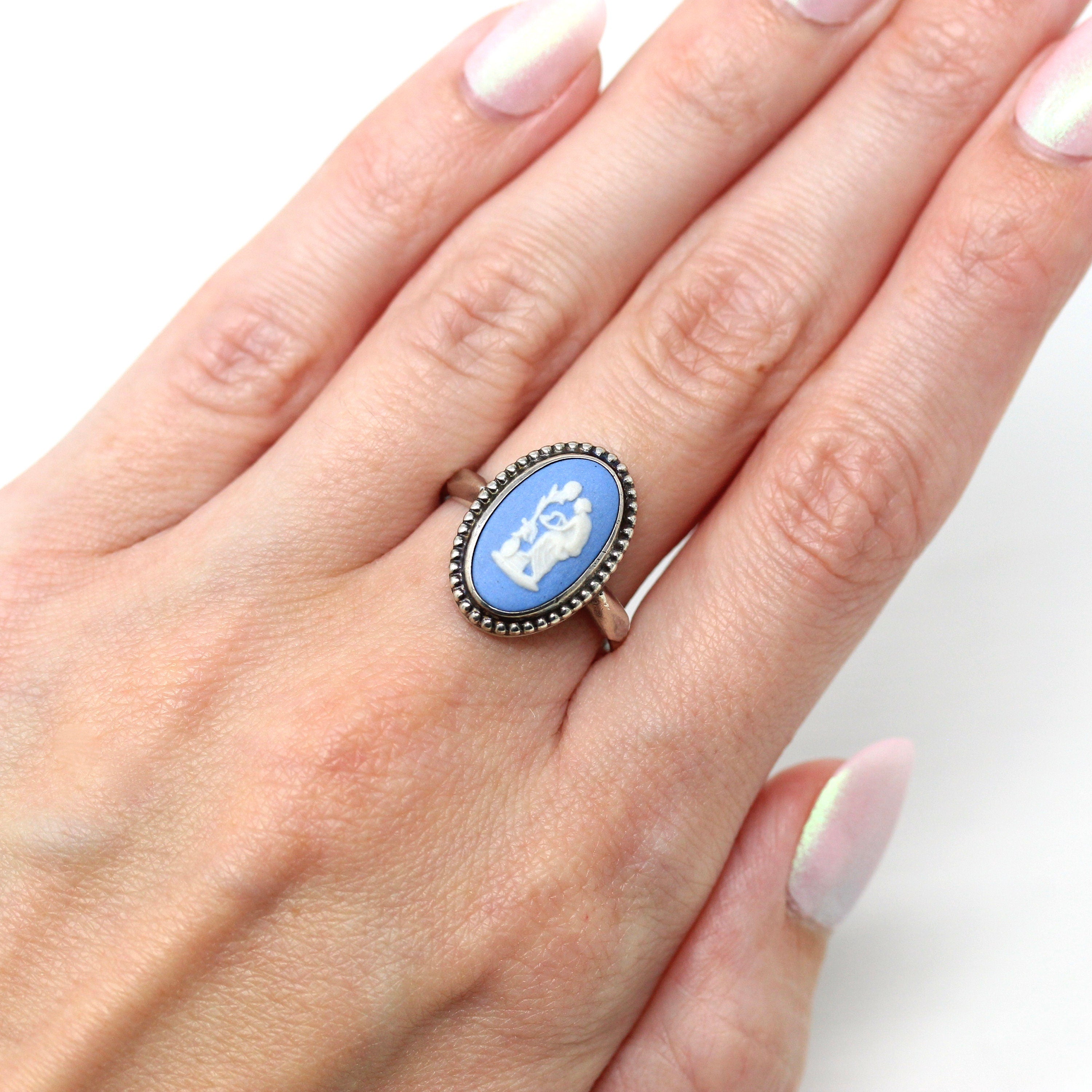 Vintage Wedgwood Ring - Retro Sterling Silver Oval Blue Jasperware Statement - Circa 1970s Size 8 3/4 Mythology Cameo Studded 70s Jewelry