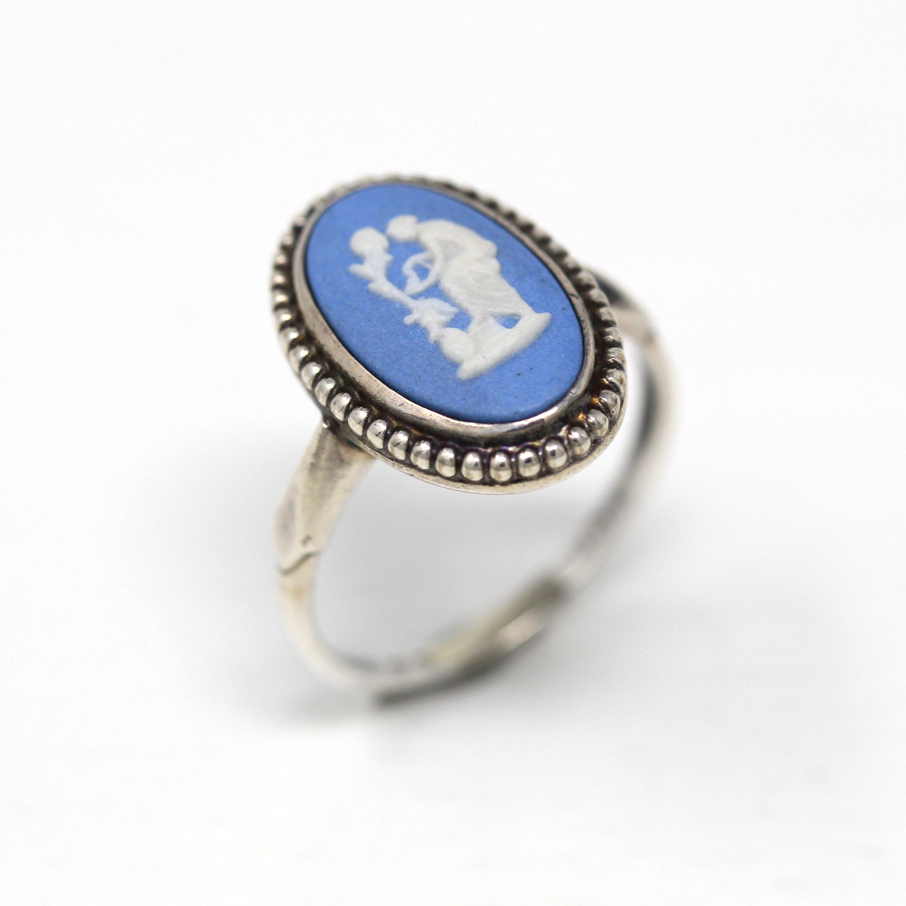 Vintage Wedgwood Ring - Retro Sterling Silver Oval Blue Jasperware Statement - Circa 1970s Size 8 3/4 Mythology Cameo Studded 70s Jewelry