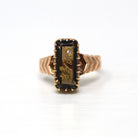 Antique Bird Ring - Victorian 10k Rose Gold Genuine Smoky Quartz Gemstone Statement - Circa 1890s Era Size 5 1/2 Diamond Flower Fine Jewelry