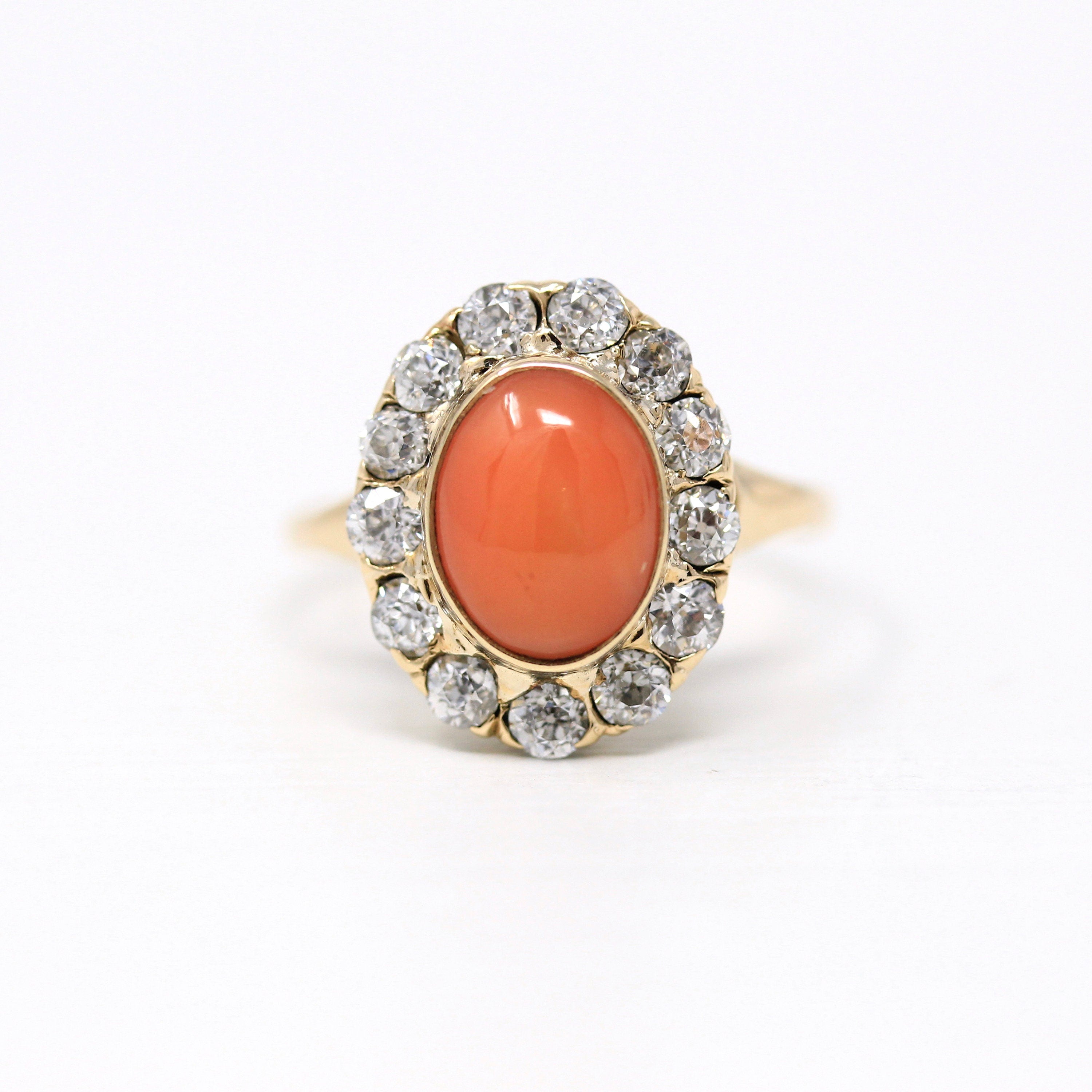 Edwardian Coral Ring - Antique 14k Yellow Gold Cabochon Cut 1.65 CT Gemstone - Circa 1900s Size 5.5 Diamond Halo Style .78 CTW Fine Jewelry