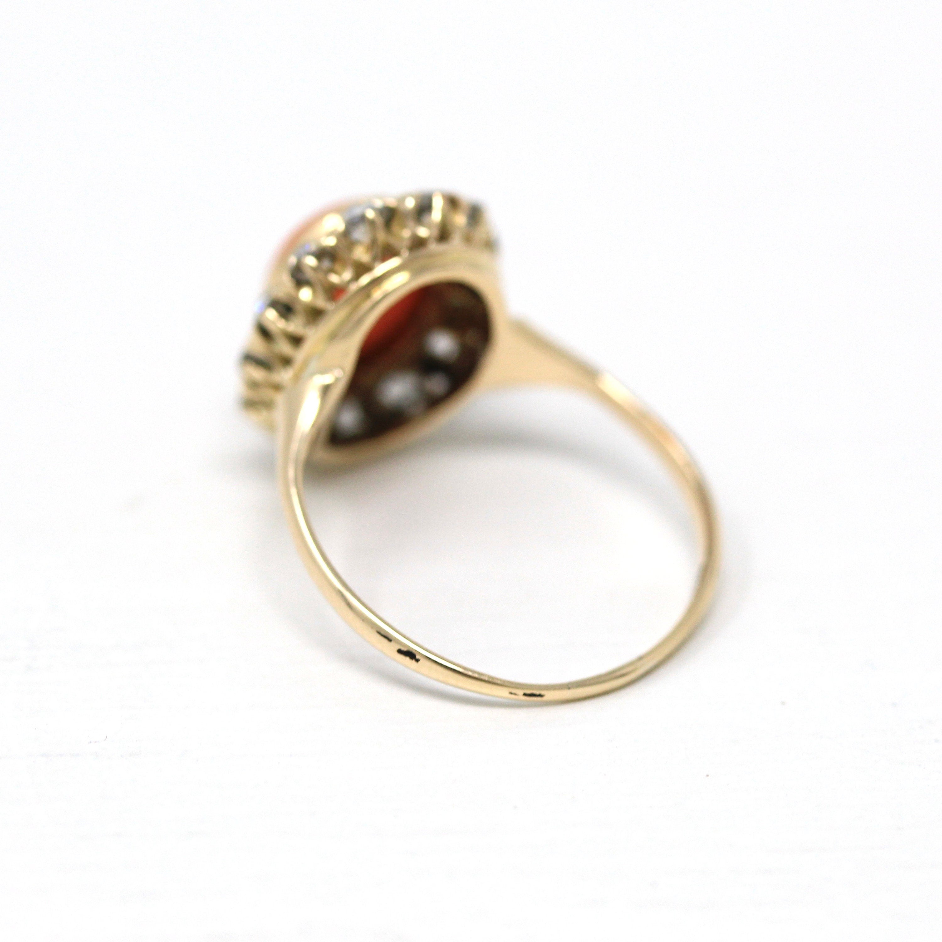 Edwardian Coral Ring - Antique 14k Yellow Gold Cabochon Cut 1.65 CT Gemstone - Circa 1900s Size 5.5 Diamond Halo Style .78 CTW Fine Jewelry