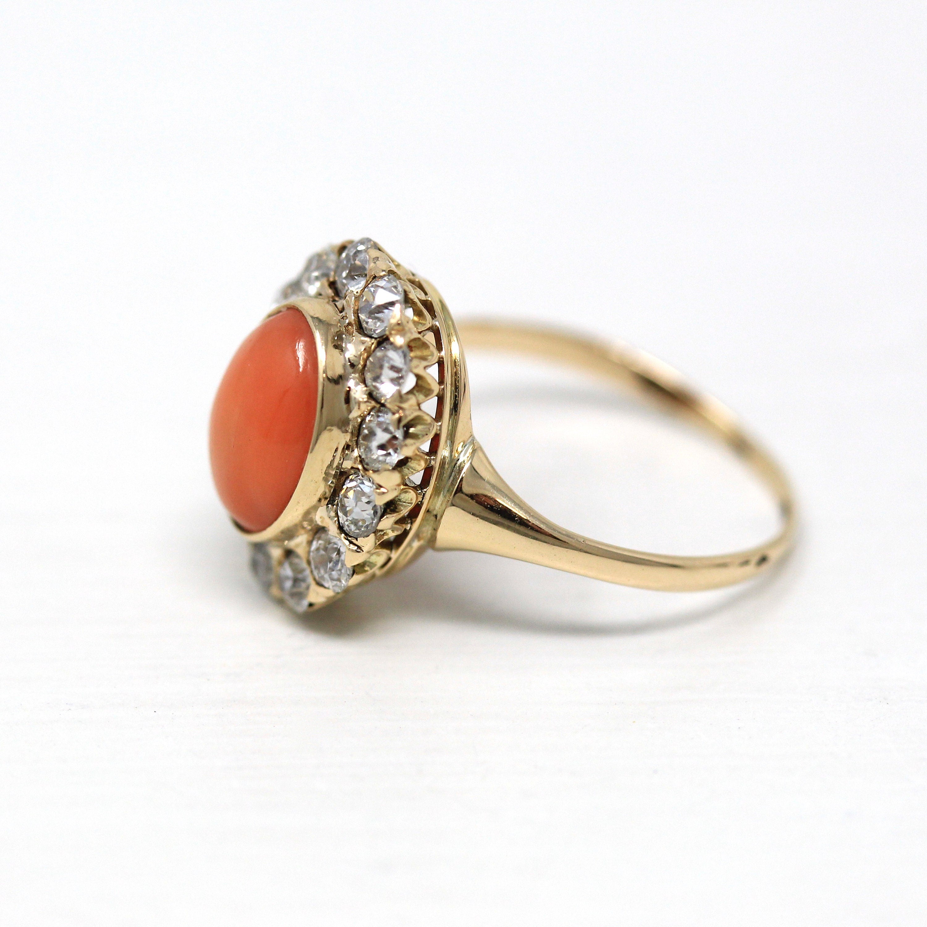 Edwardian Coral Ring - Antique 14k Yellow Gold Cabochon Cut 1.65 CT Gemstone - Circa 1900s Size 5.5 Diamond Halo Style .78 CTW Fine Jewelry