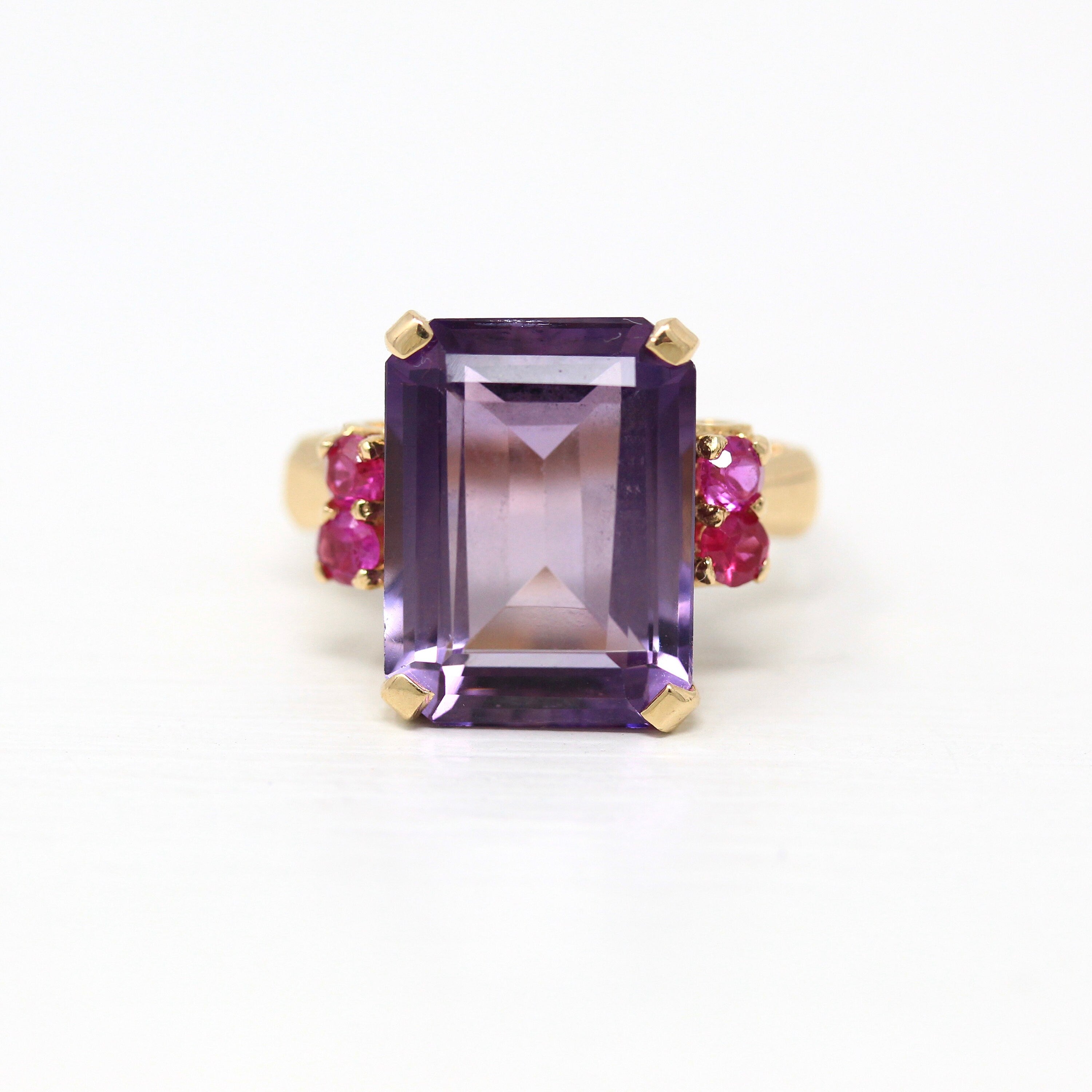 Amethyst Cocktail Ring - Retro 14k Yellow Gold Genuine 9 CT Amethyst Gem - Vintage Circa 1940s Size 6.25 Created Ruby Accent Fine Jewelry