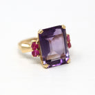 Amethyst Cocktail Ring - Retro 14k Yellow Gold Genuine 9 CT Amethyst Gem - Vintage Circa 1940s Size 6.25 Created Ruby Accent Fine Jewelry