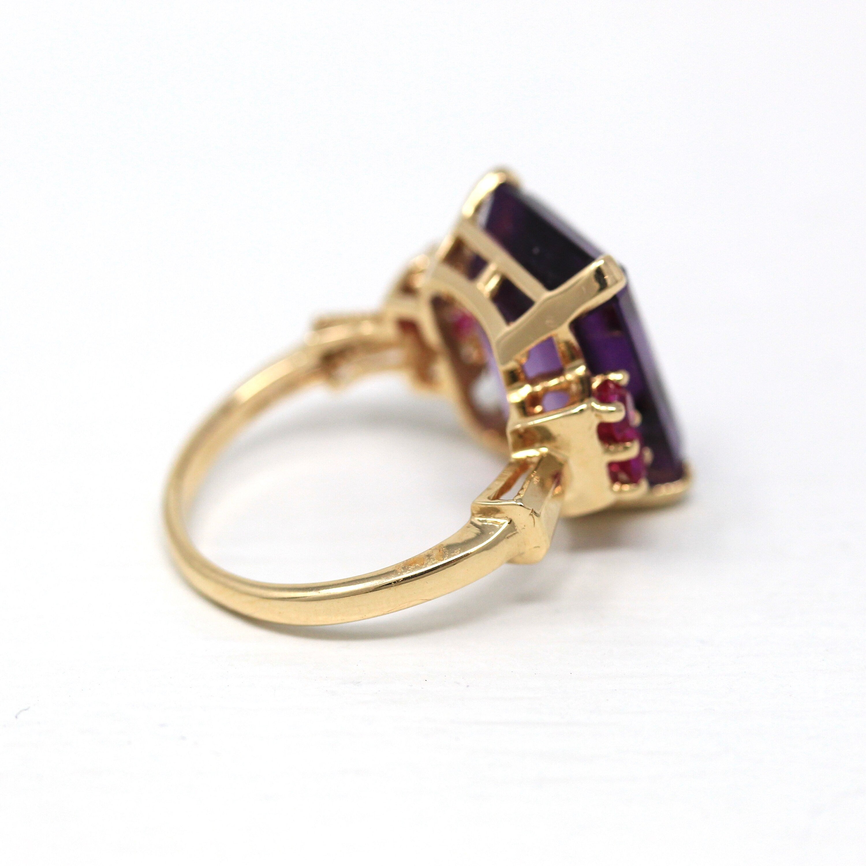 Amethyst Cocktail Ring - Retro 14k Yellow Gold Genuine 9 CT Amethyst Gem - Vintage Circa 1940s Size 6.25 Created Ruby Accent Fine Jewelry