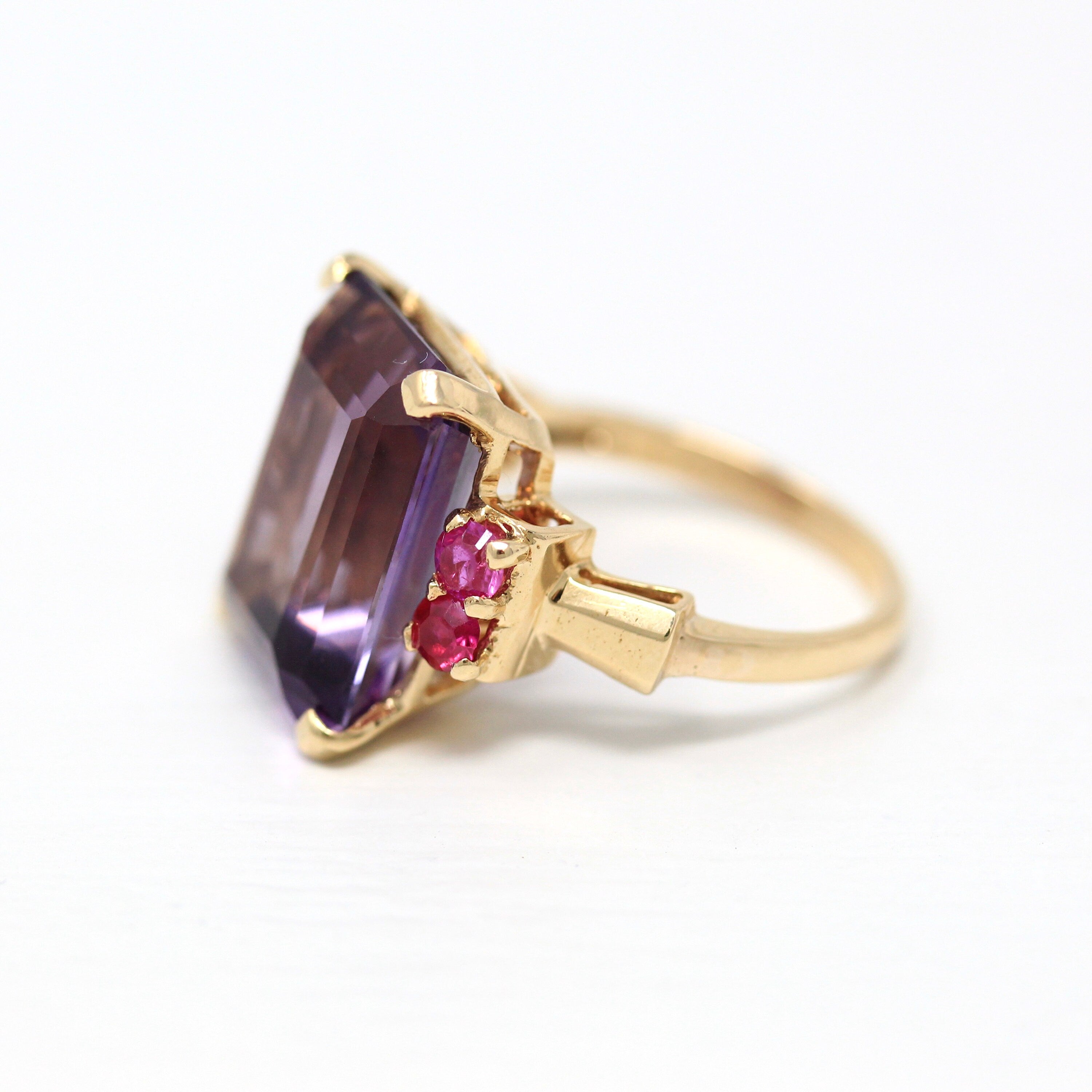 Amethyst Cocktail Ring - Retro 14k Yellow Gold Genuine 9 CT Amethyst Gem - Vintage Circa 1940s Size 6.25 Created Ruby Accent Fine Jewelry